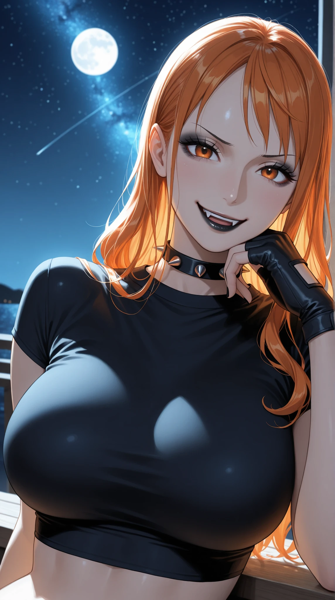 Nami, One Piece, medium shot, medium depth of field, rule of thirds, detailed eyes, full black eyeshadow, long eyelashes, black eyeliner, soft black lipstick, vampire fangs, orange eyes, orange hair, long hair, spiked choker, navy crop-top:1.8, large breasts, black fingerless gloves:1.5, black nail polish, short manicured nails:1.5, glossy nails, smug expression, bekoning viewer:1.8, facing viewer, looking at viewer, leaning back, nighttime, starry sky, moonlight,
masterpiece, best quality, high resolution, very aesthetic, absurdres, newest, professional, high-quality, hyper-realistic:1.5, portrait of a woman,