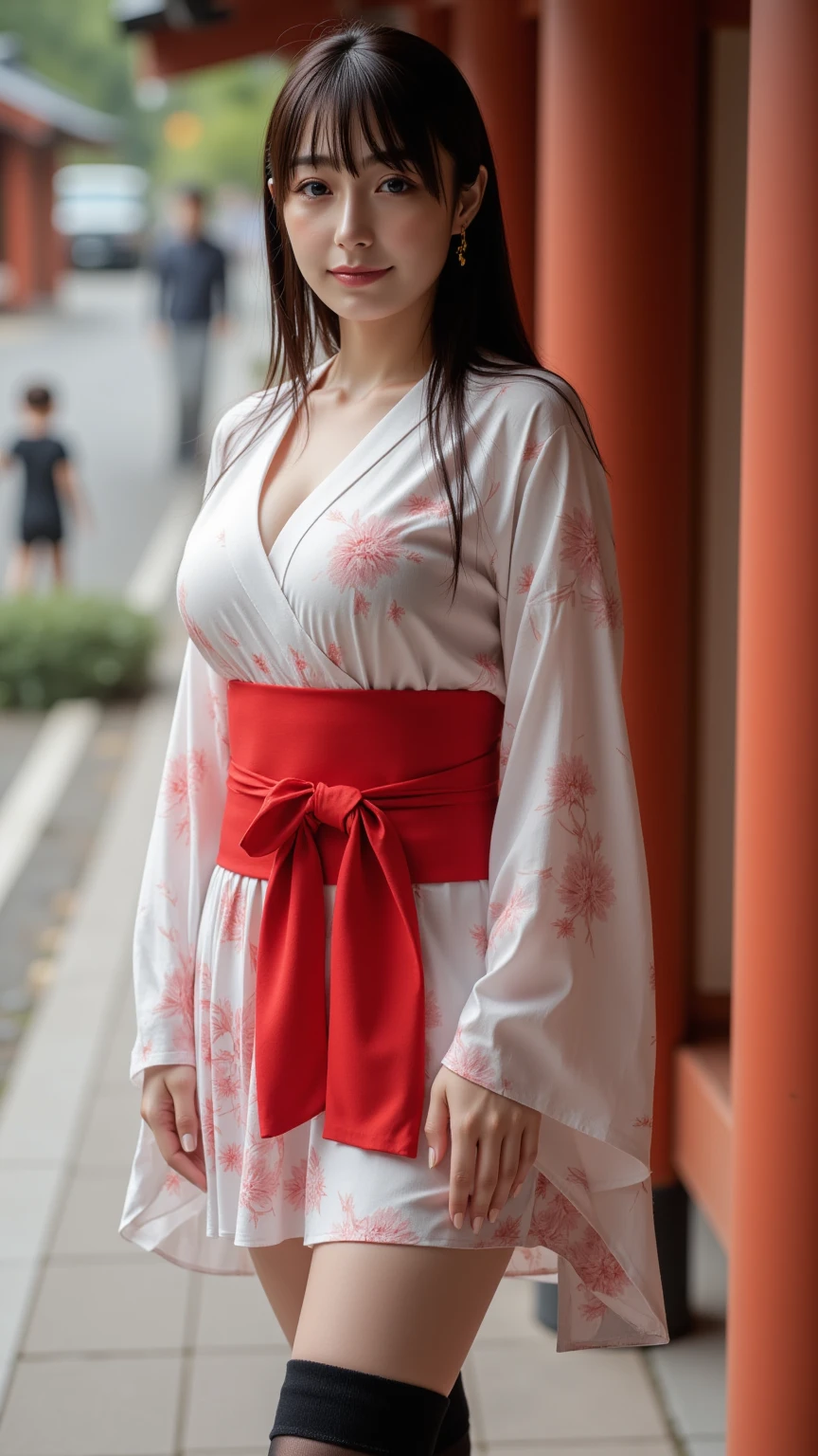 (Shooting from above)、(8k、RAW Photosgraphy、Highest quality、masterpiece:1.2)、(Realistic、Realistic:1.37)、Ultra-high resolution、One Girl、cute、Beautiful Eyes、Cleavage、Perfect body、Perfect Fingers、Professional Lighting、Japanese Goddess、gravure、Detailed face and skin texture、fine grain、RAW Photos、 Are standing、(((Wearing a Japan kimono)))、 ((Best Quality, 8k, masterpiece :1.3)), Full body、beautiful girl with perfect figure :1.4, Slender Abs :1.1, ((Huge breasts :1.0)),Ultra-detailed face and skin