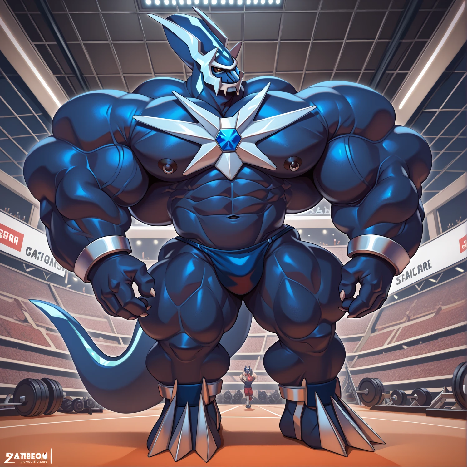 City background, skyscraper, futuristic city, night, stars, night lights, Machoke, mischievous smile, Gigachad, super hero, hero, bodysuit, massive muscles, huge pecs, chiseled abs, chiseled pecs, huge pectorals, exaggeratedly huge muscles. a furry hero whose presence inspires trust and respect. (((Latex hero suit)))