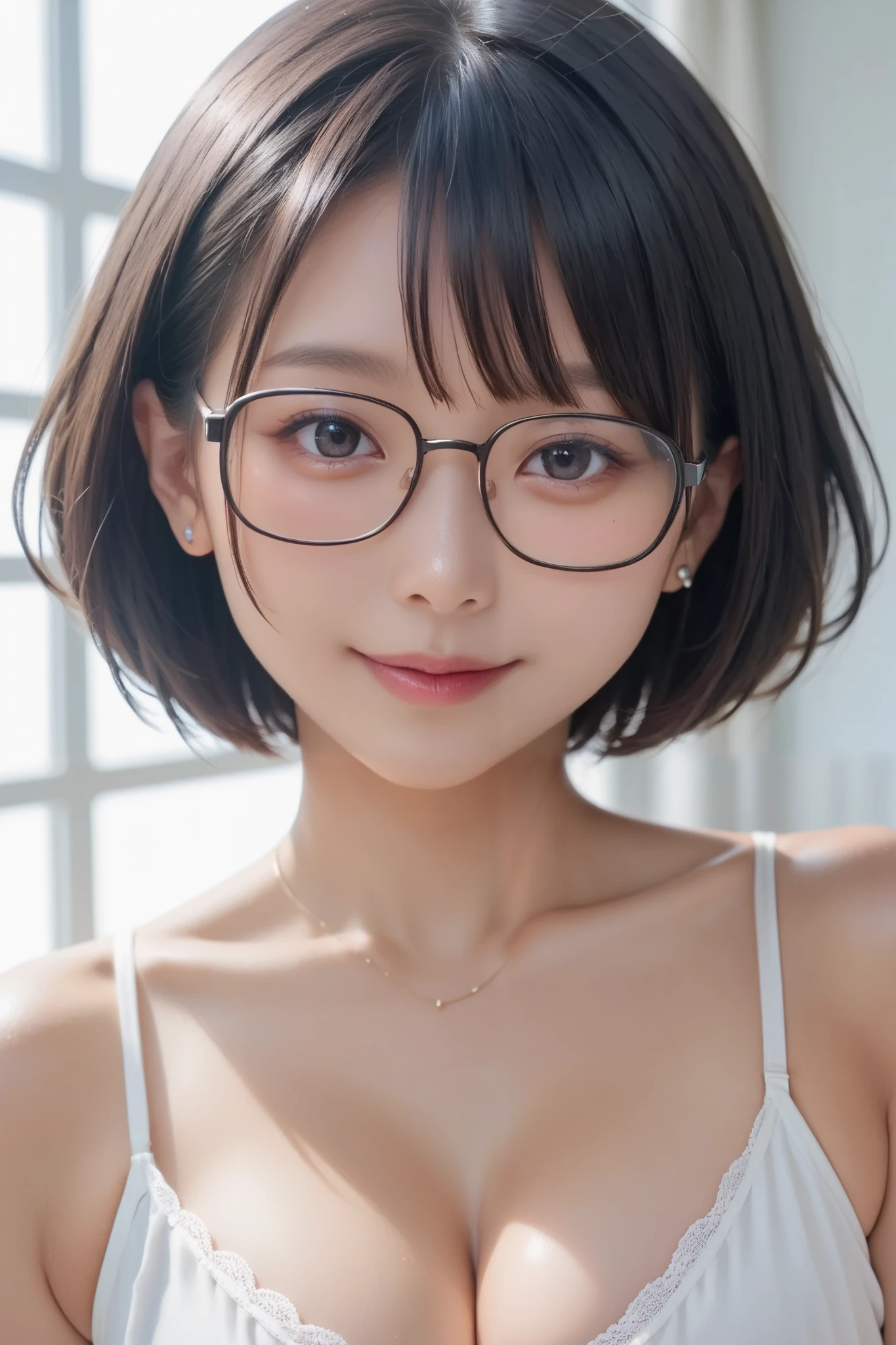 One woman, Japan people in their 20s, symmetrical beauty, Small face, sharp outline, A dark-haired, Shoulder length short bob hair, Curly hair, The hair near the shoulders should have strong waves., With bangs, (thick eyebrow, Thick eyebrows), realisticeyes, 二重まぶた, drooing eyes, Thicker lips, closes mouth, A slight smil, Smiling smile, (Rimless glasses, Small glasses, glasses for women), Wheat-toned skin, realistic skin textures, H Cup, a little fat, Make a heart mark with both hands, sexy blue bra only, sexy blue panties only, directly in front of the camera, looking directly at the viewer, Looking at the camera, The light source is from the front.