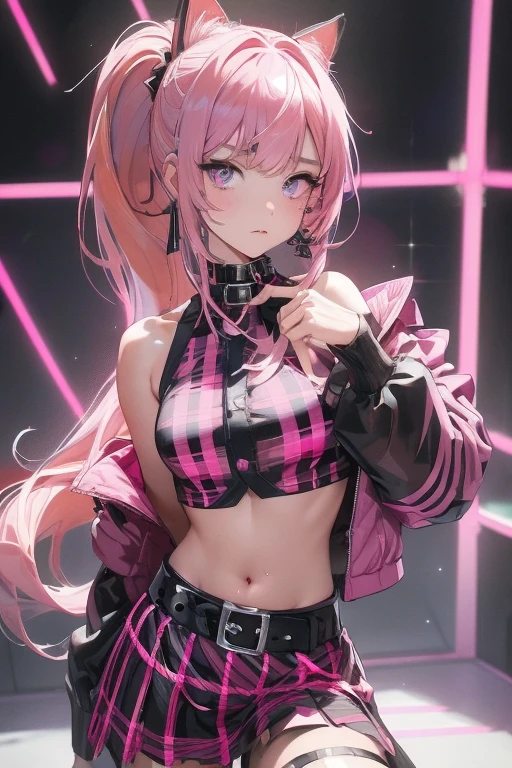 ((Masterpiece)), best quality, absurderes, ultra detailed, holographic, cowboy shot, golden ratio, super cute girl, mature girl, idol girl, super beautiful asian girl with very beautiful violet glowing eyes, beautiful glowing brown multicolored hair, high ponytail, nice and sexy body, slim body, perfect body, an anime printed super tight off shoulder long sleeve crop top, a super aesthetic transparent mini jacket, beautiful hair ornament, pink jordan tennis, being photographed in a mall shop,( undressing, showing neon pink panties, showing thong: 1.5)