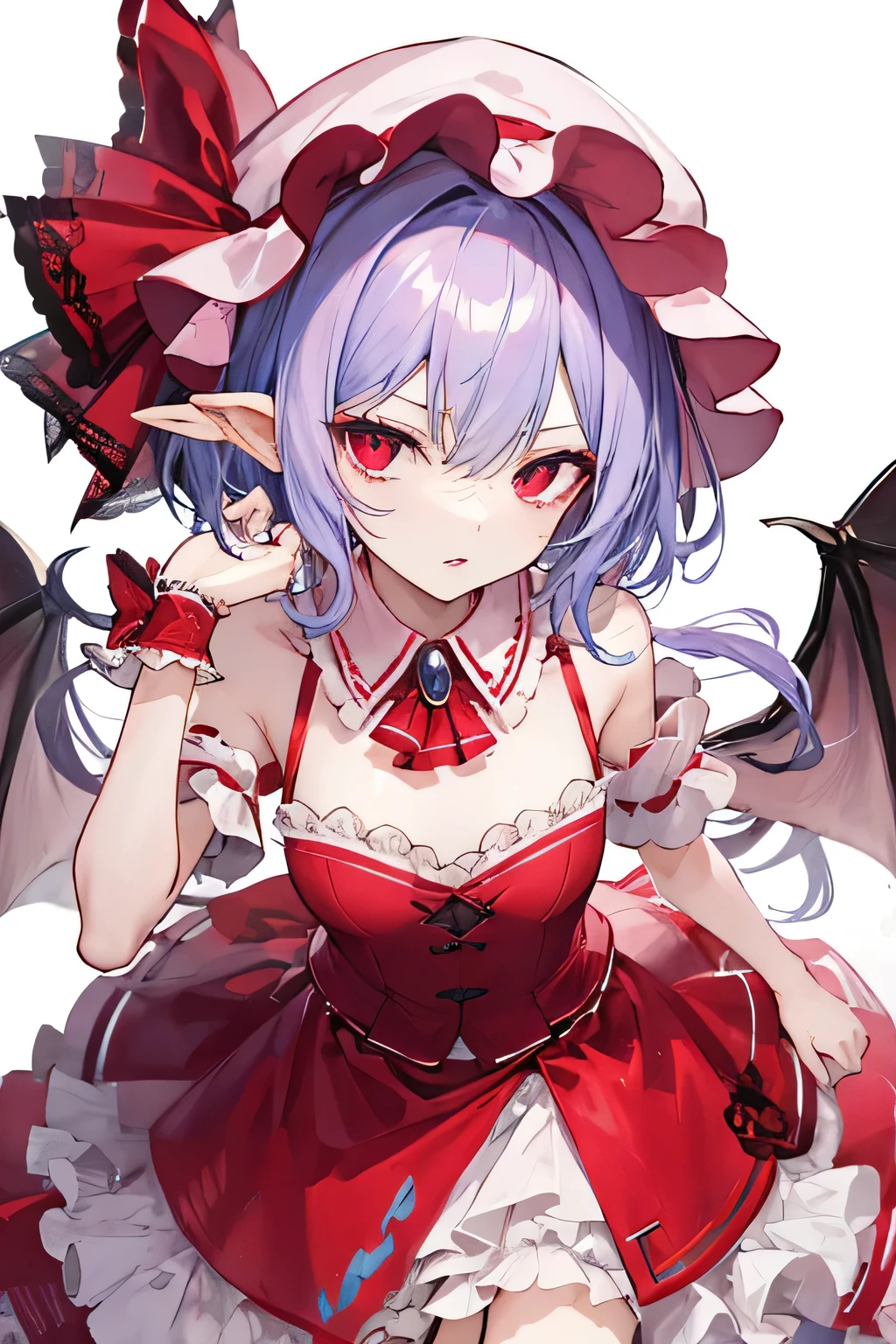 masterpiece, best quality, <lora:anmiXL_ANI31_lokr_V4239:0.95> 1girl, solo, flower, thorns, hair ornament, rose, white background, red nails, red flower, hair flower, red dress, looking at viewer, red rose, bare shoulders, simple background, blue eyes, parted lips, dress, index finger raised, bangs, grey hair, collarbone, upper body, makeup, red hair, detached collar, red eyeshadow, nail polish, facial mark, multicolored hair, red ribbon, virtual youtuber, ribbon, eyeshadow