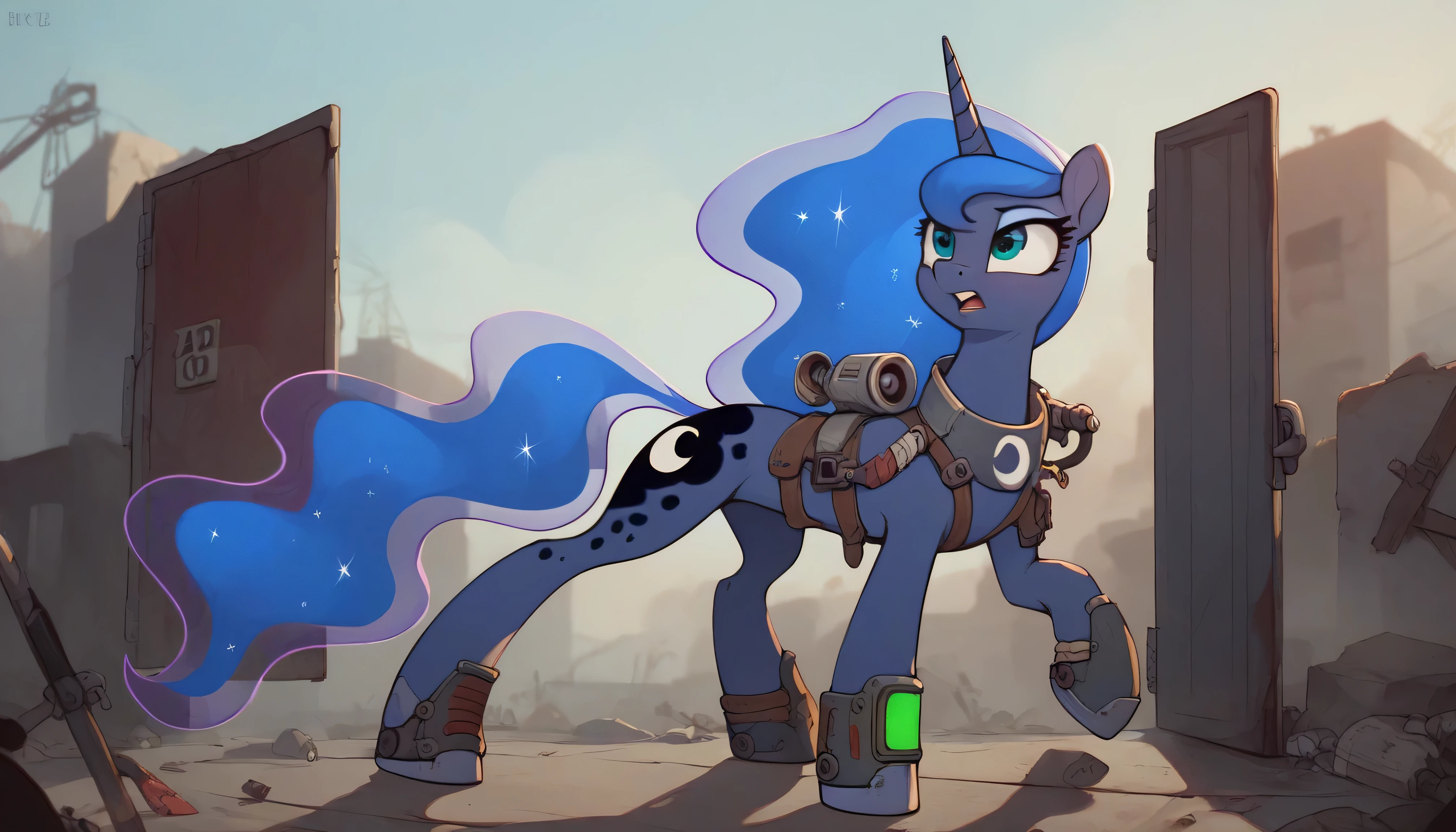 A Fallout vault door with a number '100' engraved, made of thick metal with an industrial design and a large gear in the center. The door is in the process of opening , revealing a faint light inside. In front of the door is a unicorn named Princess Luna, with dark blue fur and an ethereal mane shining with heavenly tones. Her posture conveys wonder and determination as she observes the opening . a sky covered with gray clouds and radioactive dust . The atmosphere is dark and post-apocalyptic , with a sense of loneliness and mystery .