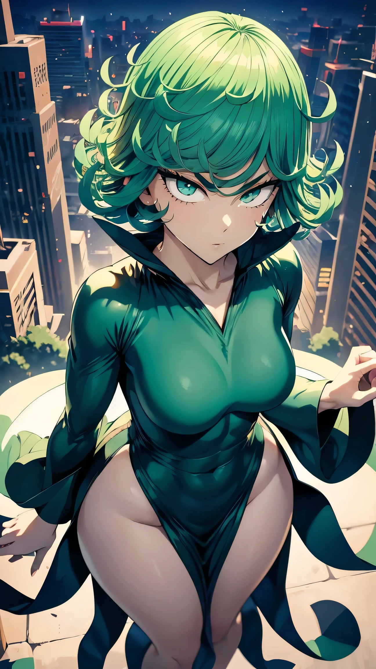 Tatsumaki , The dynamic positions have a golden part , fragile physique, street, floats in the air , close up portrait, stands leaning towards the ground, beautiful , White nurse's coat, short skirts, the breasts fall out from under the tunic , is leaning forward, very erotic, arches on the back , portrait of a girl, standing in a sexy pose, is leaning forward, beautiful фигура, buttocks, beautiful грудь, very sexy, The texture is very durable., The image is very clear and concise ,incredibly beautiful,elegant temperament,in a spacious room , нежное выражение лица Tatsumaki из One Punch Man, short green hair, green eyes , , heels, full body view, smiling, dynamic pose, Tatsumaki из One Punch Man, short green hair, green eyes , ,dynamic view, (Masterpiece, the best quality:1.2),