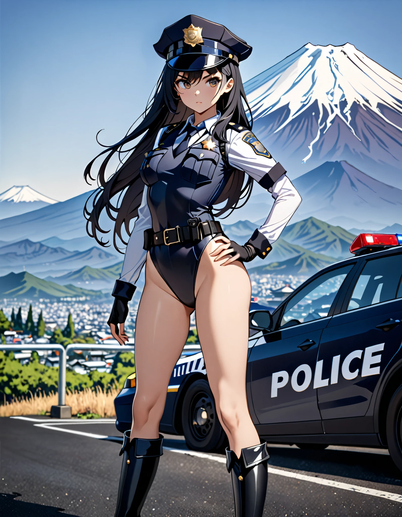 (masterpiece), (best quality), (high res),1girl, tall body, ((long hair, jet black hair)), (hazel eyes) beautiful detailed eyes, beautiful detailed face, cute face, perfect hands, complete fingers, perfect anatomy, perfect proportions, ((hat, black police hat)), ((leotard, matching leotard, bare legs)), ((boots, matching boots)), breasts, medium breasts, fingerless gloves, (full body portrait), looking at viewer, solo, solo focus, standing, police uniform, cowboy shot, mount fuji backdrop, outdoors, (belt, tight belt), (armbands, white sleeves), one hand on hip, serious, full body costume design.