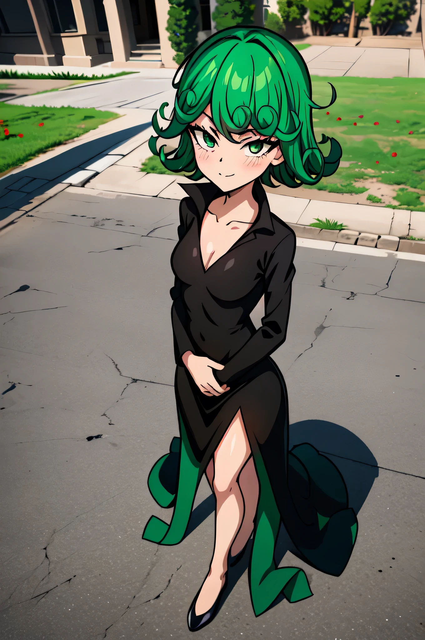 absurdres, highres, ultra detailed, Tatsumakitornado, short green hair, Curly hair, black dress of the Sun, outdoor, green eyes ,full body ,looking up at the spectator, blushed ,Standing, smile, holding red roses