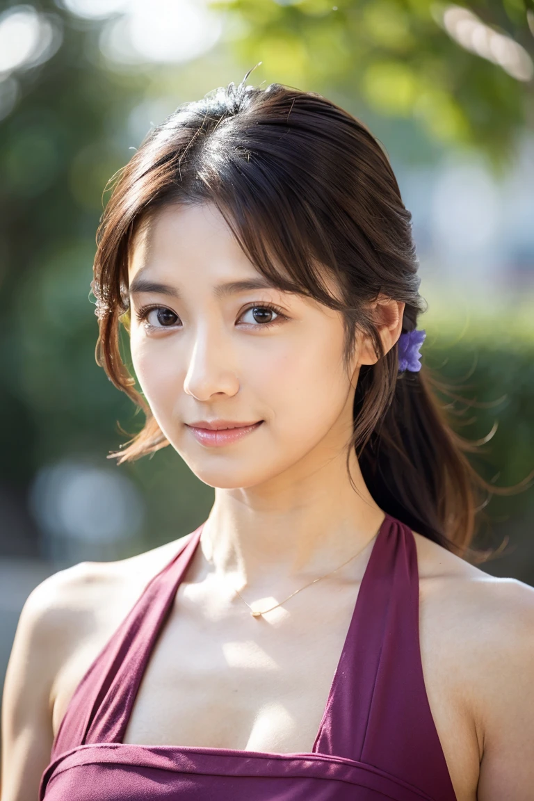 (masterpiece:1.3), (8k, Photorealistic, RAW Photos, Best image quality: 1.4), Japanese Mature、(Random hairstyle:1.2,)、Super detailed face、Pay attention to the details、double eyelid、Beautiful woman:1.4、Brown ponytail、Highest quality、masterpiece、(Photorealistic:1.4、Me in the hot spring、Japanese middle-aged woman、Very large breasts、Red triangle bikini)、Highly detailed and professionally lit smile、thin、Close-up of a smiling face、