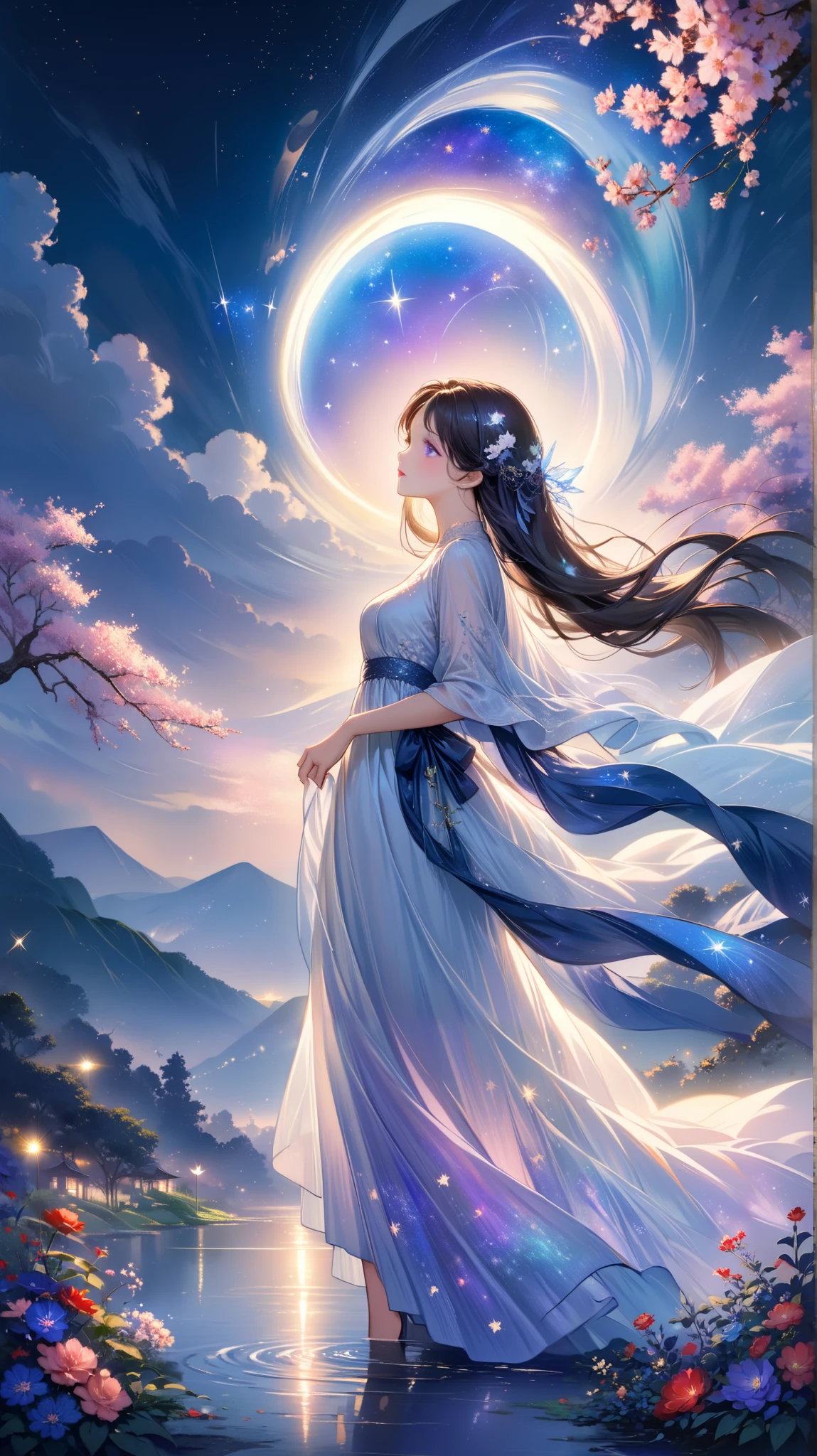 A girl standing alone under the starry night sky, with her silhouette illuminated by the soft moonlight and twinkling stars. Her face is beautifully detailed, with mesmerizing eyes that seem to reflect the universe itself, long and fluttering eyelashes, and exquisitely defined lips. She has very long dark navy hair that shimmers like the starry sky and is dressed in an elegant gown, flowing and ethereal, embracing hegure gracefully as it glimmers with a subtle celestial glow. The intricate details of her dress catch the faint starlight, creating a mesmerizing sparkle. The surrounding landscape showcases a serene garden, lush with vibrant foliage and colorful flowers. The air is filled with a gentle breeze, causing the leaves to rustle and the flowers to sway delicately. The garden is bathed in a warm, dreamy color palette, with hues of deep blues, purples, and hints of silver. The atmosphere is calm and tranquil, evoking a sense of peace and serenity. The artwork is of the highest quality, meticulously created with ultra-detailed brushstrokes and precise attention to every element. The texture and depth of the painting are breathtaking, with a sense of realism and photorealism that captures the awe-inspiring beauty of the night sky. The lighting is soft and diffused, casting a gentle glow over the entire scene, enhancing the magical ambiance. The girl's presence radiates a sense of mystery and wonder, as if she holds a secret connected to the celestial beings above. The overall composition evokes a feeling of timelessness and captures the essence of a StarSign, an artwork that embodies the celestial beauty and inner strength of a girl in harmony with the stars.