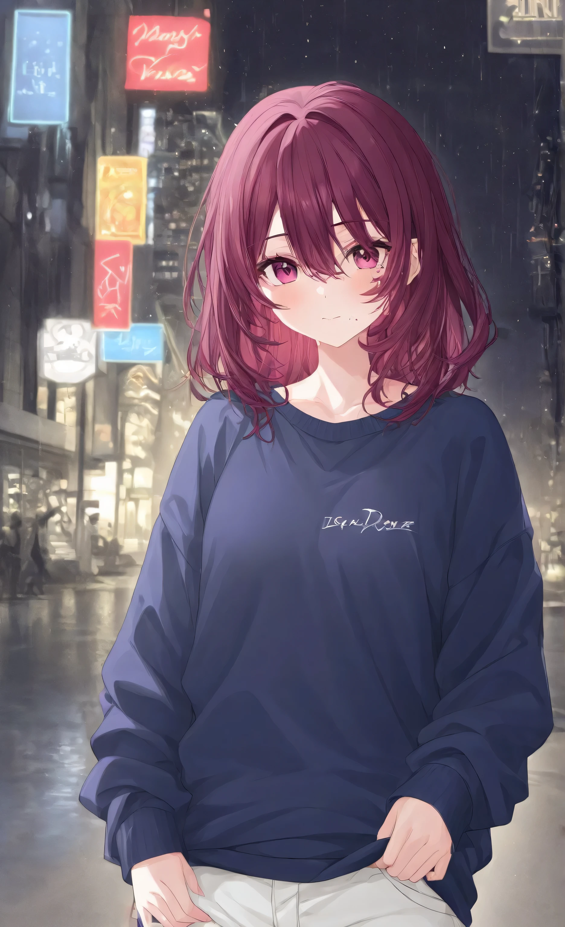 highdefinition images、Rainy night city、It's raining、1 girl、 alone、 facial details 、 maroon hair、 beautiful eyes、watching viewers、 hair between eyes、front、cowboy shot、 I closed my mouth、 facial details 、 navy blue sweatshirt、 white pants 、Walk through the vibrant and bustling Times Square in New York。