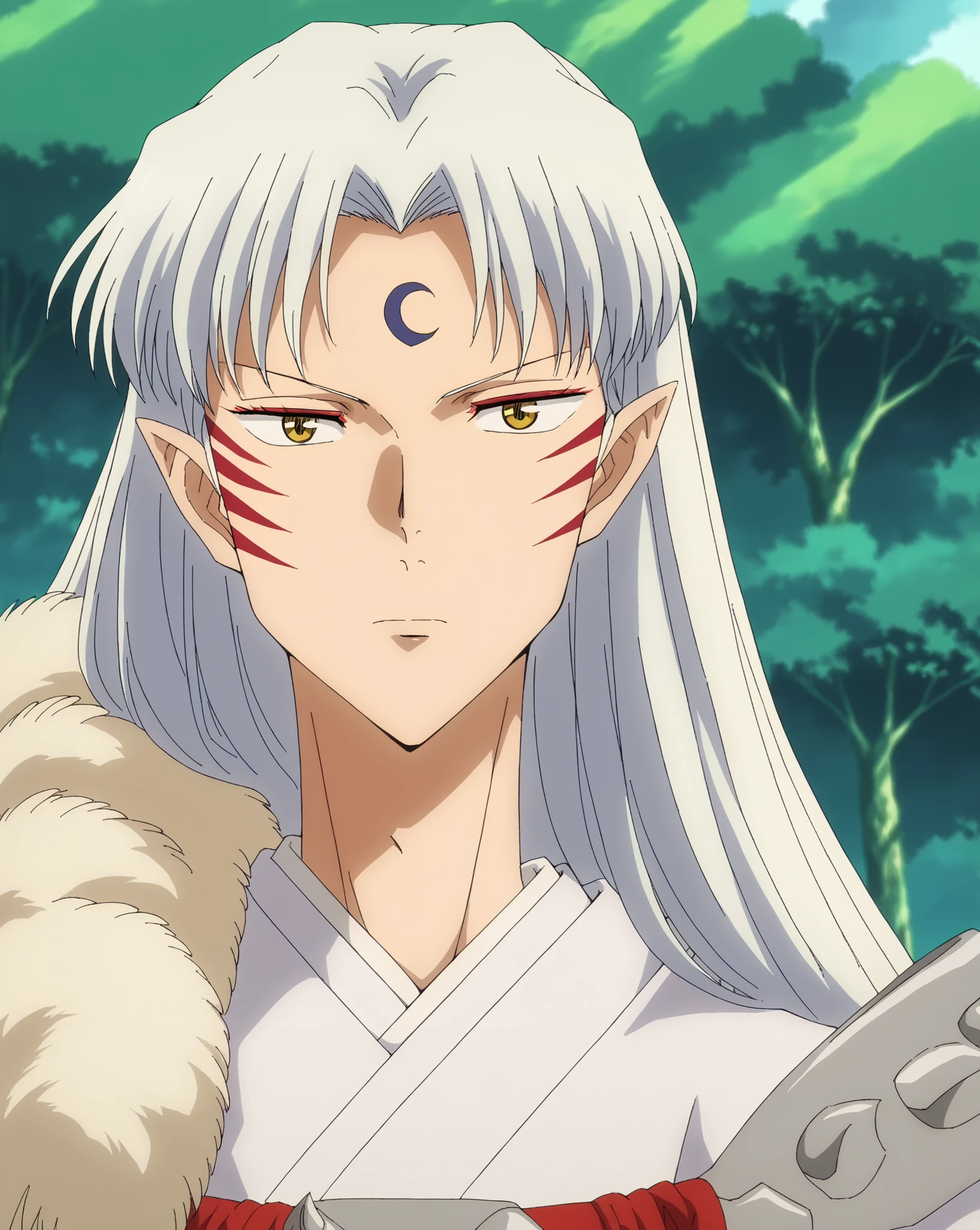 best quality, score_9, score_8_up, score_7_up, source_anime,
sesshomaru, sesshomaru, long hair, yellow eyes, white hair, male focus pointy ears, facial mark, crescent, forehead mark,
japanese clothes, armor, fur,
outdoors, landscape,
looking at viewer, dutch angle, cowboy shot,