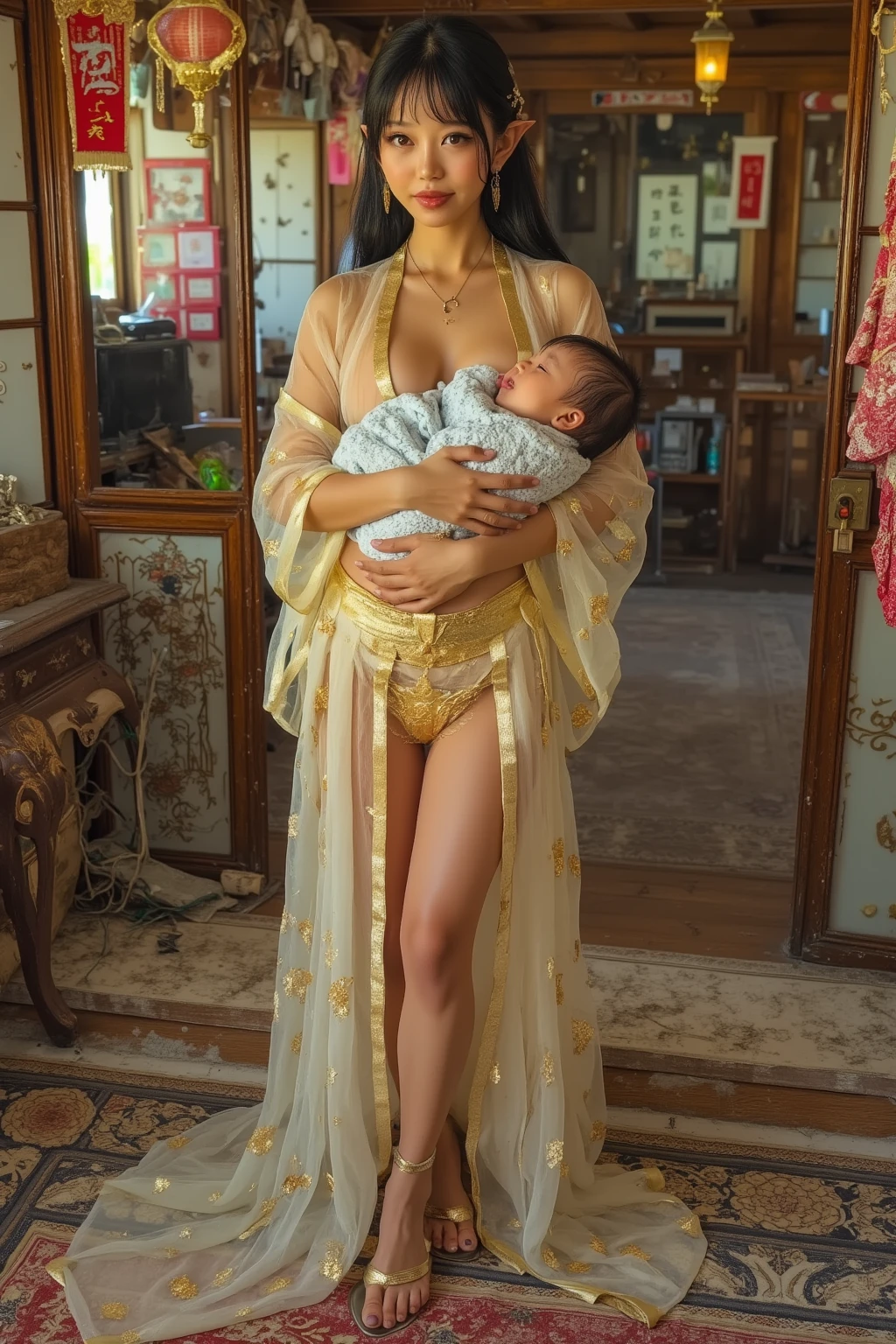 (best quality,4k,8k,highres,masterpiece:1.2), model,1girl, 1baby, A beauty Naked woolding a baby, milky, full body, blue sky, sunny day, prominent protagonist, smile, big eyes, beautiful detailed eyes, (big breasts:1ass, looking at the audie, long eyelashes