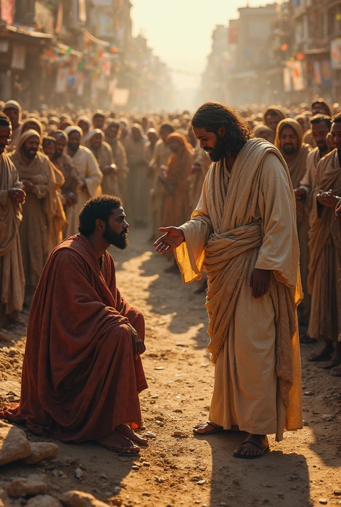 Jesus touched the eyes and restored the sight of a blind man named Bartimaeus. Black israelite. Huge crowd in the streets of Galilee. Realistic. 
