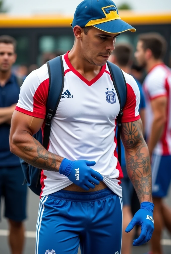 Imagem jogador de futebol realista masculino loiro, branco, tatuado time profissional da Europa
