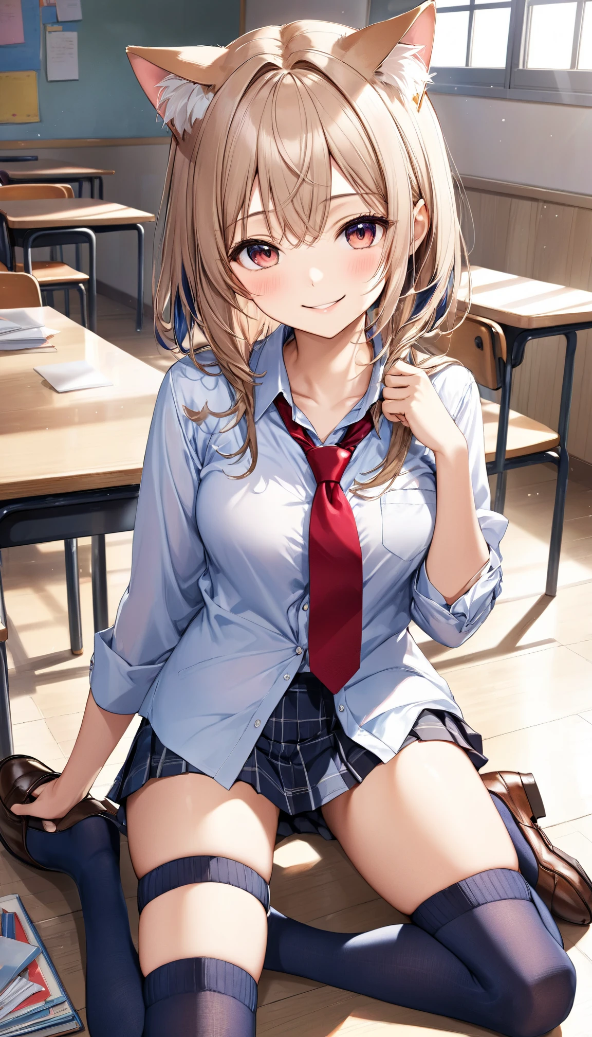 (masterpiece:1.3, highest quality),  (Realistic, photoRealistic:1.4), Beautiful illustrations, Perfect lighting, colorful, Written boundary depth, 
Looking at the audience, whole body, Front view:0.6, 1 girl, alone, Japanese, high school girl, Improve, (Big Breasts:0.8, Big Ass, Captivating thighs, Skin dents),
(Long Hair:1.5, Side Ponytail),  Asymmetrical bangs, Purple eyes, Lips parted, (very tanned and shiny skin), 
Beautiful Hair, Beautiful Face, Highly detailed face, Beautiful and beautiful eyes, Beautiful clavicle, Beautiful body, Beautiful breasts, Beautiful thighs, Beautiful feet, Beautiful fingers, ((Collared short-sleeved shirt, White shirt, , pink plaid pleated skirt, Black tie)), White panties, Polka dot hair scrunchie, 
( Sexy pose), (Captivating smile), evening,sit in classroom,Gal,(Brown Skin:1.5),(blonde:1.5),(View from below),