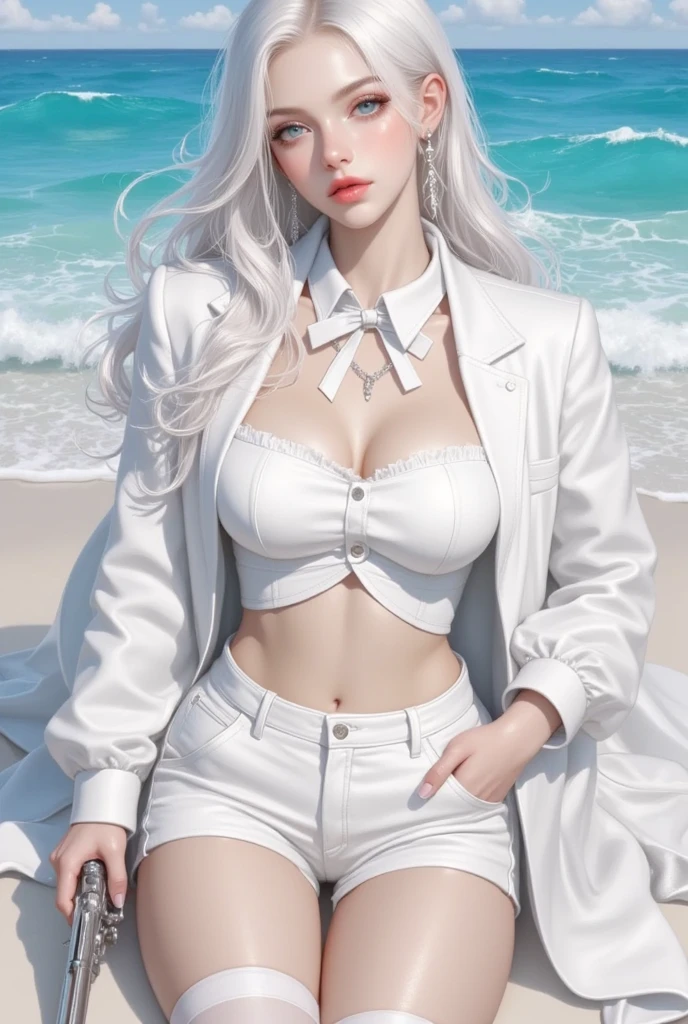 Ultra high quality，8K，Giant Breast Girl，Sexy and feminine, high and cold，Dark beauty，Enchanting，The head proportions are perfect，Gray hair，Wear a sweatshirt monogram print, Short red high-waisted skirt，Flaming red lips，Swan neck，chokers，O sol brilha intensamente，smallbreast，