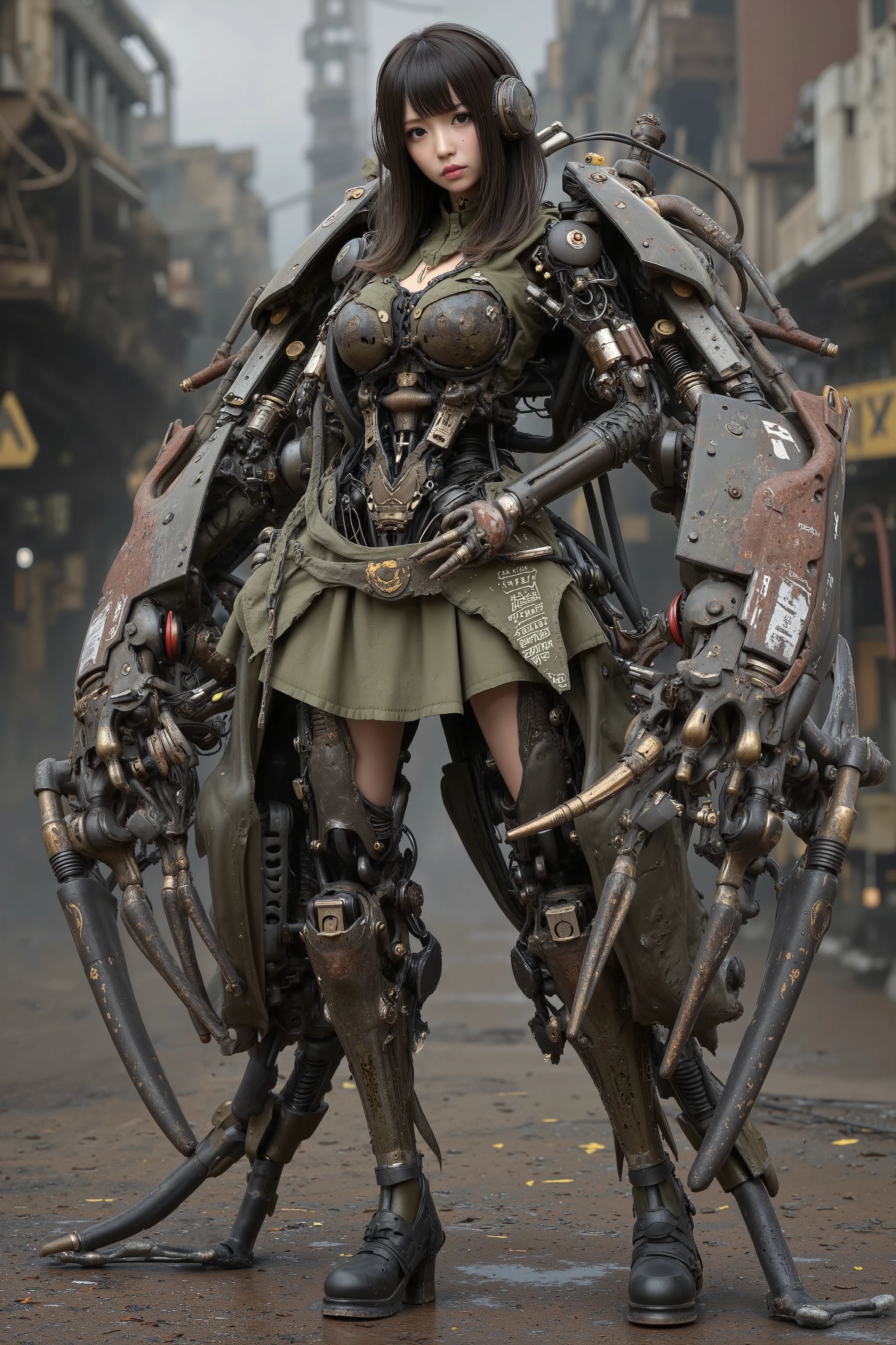 (hyper-realistic dieselpunk cyborg:1.6), 
(top half:1.4) (Japanese woman with cute round face:1.3), 
[retro military uniform with brass buttons], 
(bottom half:1.5) (multi-legged tank chassis:1.4), 
(WWII-style riveted armor plating:1.5), 
(exposed radial piston engine:1.6) with (moving piston rods), 
(mechanical legs:1.3) having (articulated suspension springs), 
(steel cable-operated control systems:1.2), 
(hand-cranked transmission gearbox), 
(oxidized copper cooling pipes:1.4) emitting (steam bursts), 
(camouflage paint:1.1) with (chipping wartime markings), 
(tactical map holder:1.1) on thigh armor, 
(anti-magnetic mine boots:1.2) integrated with track pads, 
(periscope-style targeting visor:1.3) on headset, 
(combat-worn leather gloves:1.2) gripping (manual throttle levers), 
(artillery shell belt:1.1) crossing chest, 
(mud splatter effects:1.4) on skirt armor, 
(operational grease stains:1.3) around joints, 
(battlefield background:1.2) with (trench networks), 
(smoke screen generator:1.1) producing (yellowish chlorine gas haze), 
(dynamic artillery flash lighting:1.5), 
(Unreal Engine 5 Tessellation:1.7), 
(ray-traced metal pitting:1.4), 
(8k photorealistic surface oxidation), 
(cinematic depth of field:1.3) focusing on engine details
