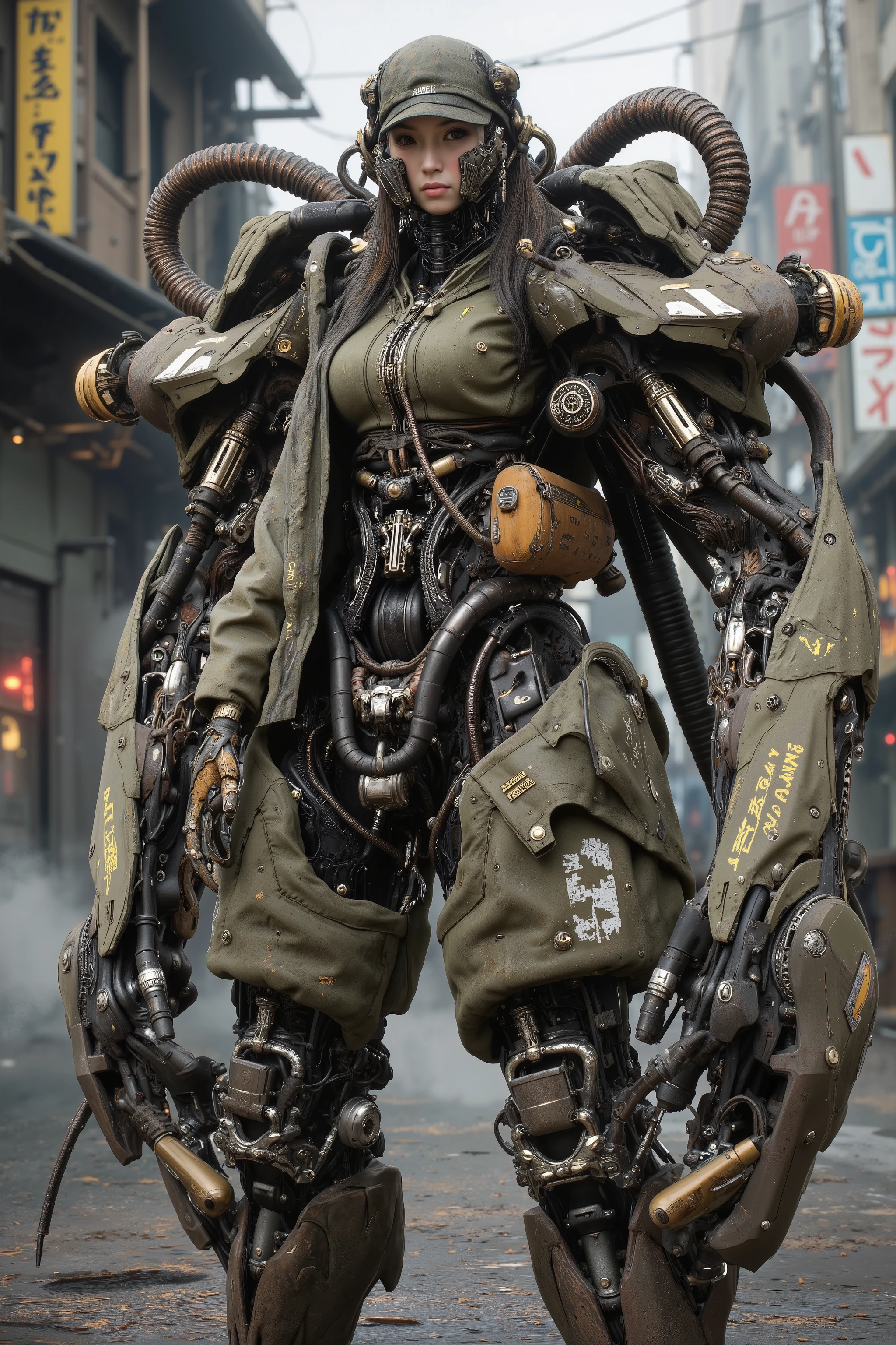 (hyper-realistic dieselpunk cyborg:1.6), 
(top half:1.4) (Japanese woman with cute round face:1.3), 
[retro military uniform with brass buttons], 
(bottom half:1.5) (multi-legged tank chassis:1.4), 
(WWII-style riveted armor plating:1.5), 
(exposed radial piston engine:1.6) with (moving piston rods), 
(mechanical legs:1.3) having (articulated suspension springs), 
(steel cable-operated control systems:1.2), 
(hand-cranked transmission gearbox), 
(oxidized copper cooling pipes:1.4) emitting (steam bursts), 
(camouflage paint:1.1) with (chipping wartime markings), 
(tactical map holder:1.1) on thigh armor, 
(anti-magnetic mine boots:1.2) integrated with track pads, 
(periscope-style targeting visor:1.3) on headset, 
(combat-worn leather gloves:1.2) gripping (manual throttle levers), 
(artillery shell belt:1.1) crossing chest, 
(mud splatter effects:1.4) on skirt armor, 
(operational grease stains:1.3) around joints, 
(battlefield background:1.2) with (trench networks), 
(smoke screen generator:1.1) producing (yellowish chlorine gas haze), 
(dynamic artillery flash lighting:1.5), 
(Unreal Engine 5 Tessellation:1.7), 
(ray-traced metal pitting:1.4), 
(8k photorealistic surface oxidation), 
(cinematic depth of field:1.3) focusing on engine details