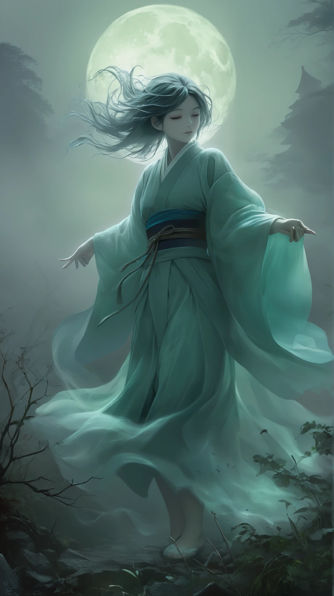 "A ghostly and enigmatic Japanese yokai named Oborozutsumi. It manifests as a large, swirling fog that appears in the dead of night, its shape shifting and swirling like a living thing. The mist carries a faint, haunting melody, as if it were a lullaby sung by unseen spirits. Within the fog, fleeting glimpses of a pale, feminine figure can be seen, her face hidden in shadow, but her eyes glowing a faint, eerie green. Her kimono, made of thin, translucent fabric, seems to float and shift with the mist, as if it is part of the fog itself. The scene takes place on a desolate, moonlit hill, where the fog rolls in from the valleys below, enveloping everything in its path. The ground is damp, the air thick with a chilling presence, and the eerie music lingers, pulling anyone nearby into the mist's grasp."