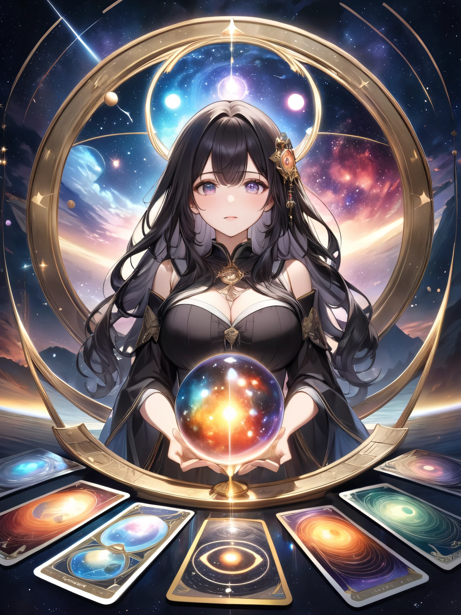 Woman with very long wavy black hair tan skin, massive breast,  wearing a beautiful dark majenta  glitter dress and smiling up. Little, surrounded by outerspace, planets, and galaxies