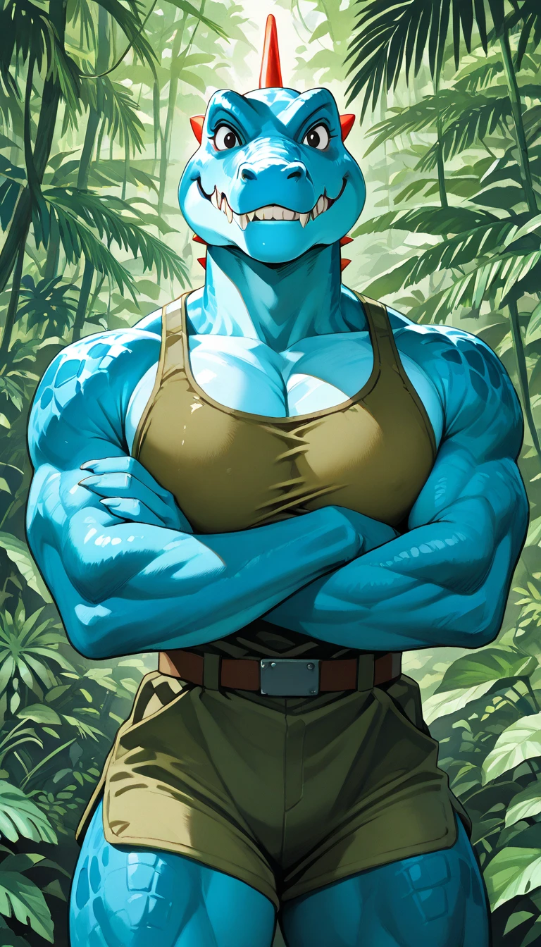 Solo, Male, lizardfolk, cheeky face, Wide face, Broad shoulders, Muscular, buff, Strong, Tall, Giant, Huge amounts of pubic, immensity, Gigantic, large biceps, large pecs, Blue body, Blue skin, Yellow eyes,long loincloth with, detailed crotch, massive bulge