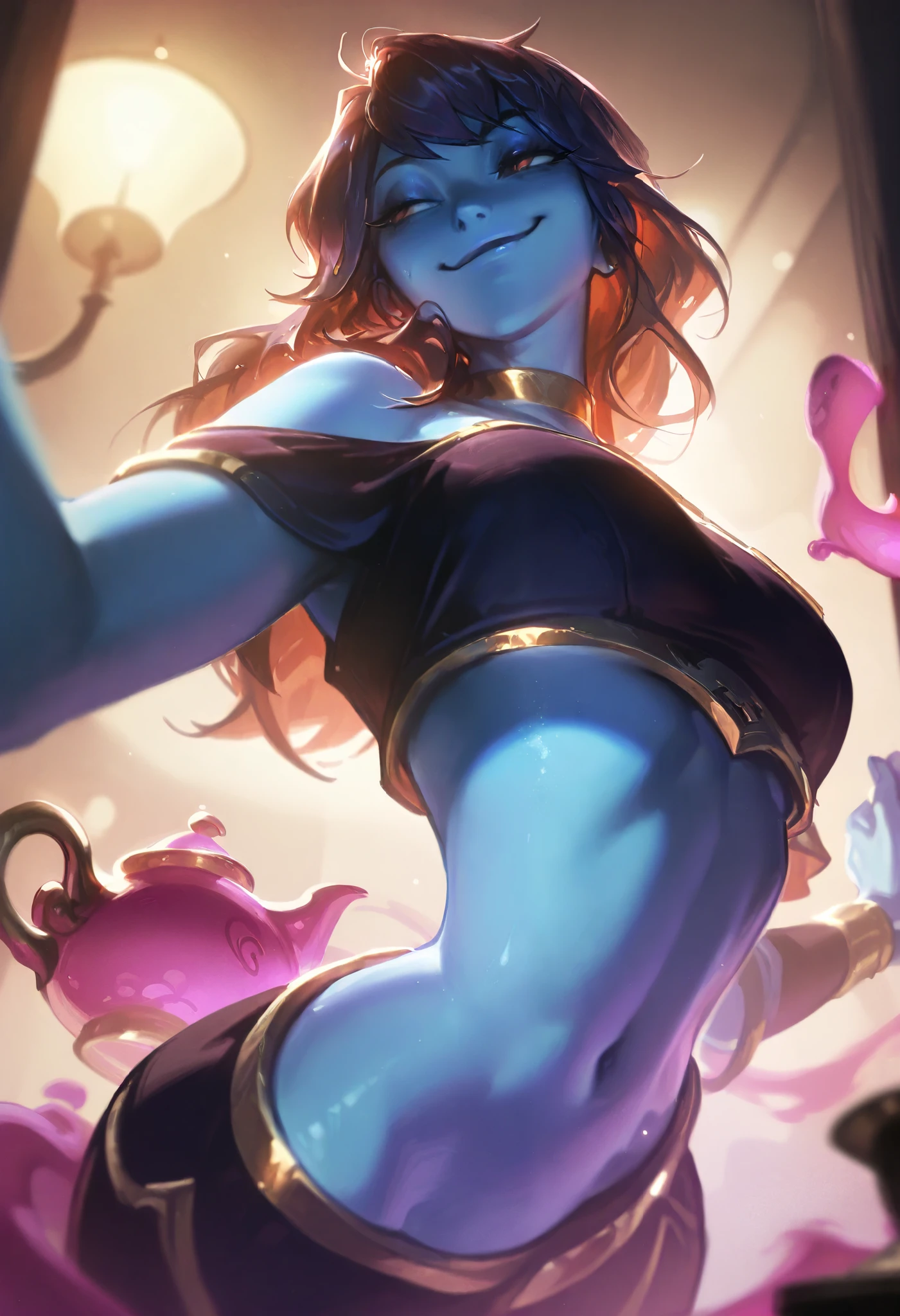 Score_9, Score_8_up, Score_7_up, Score_6_up, masterpiece, portrait, best quality, upper body, 1female, wide hips, taller frame, dommy mommy, blue skin, lamp genie, lamp, cruel smirk, long dark hair, posing, L0LSPL4SH,