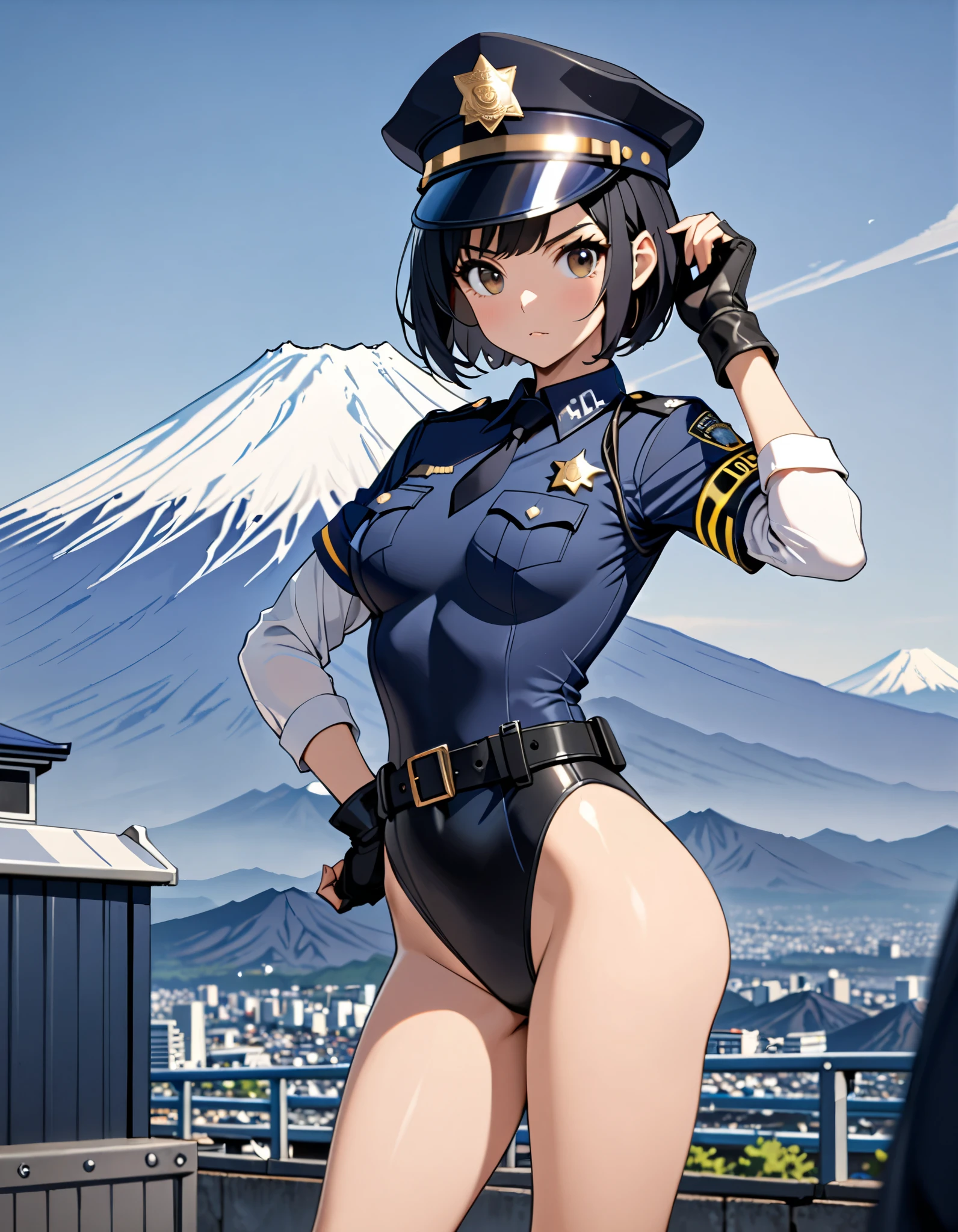 1girl, tan skin, tan, tan-skinned female, from behind, ass, ass focus, thong, panties, jacket, smile, smirk, smug, breasts, huge ass, thick thighs, mature female, black hair, very short hair, yellow eyes, forest, black jacket, ((black jacket)), hooded jacket, belt, military hat, cap, gloves, highleg, gun, highleg thong, black thong, tomboy, pixie cut, thighhighs, black thighhighs, ((highleg))