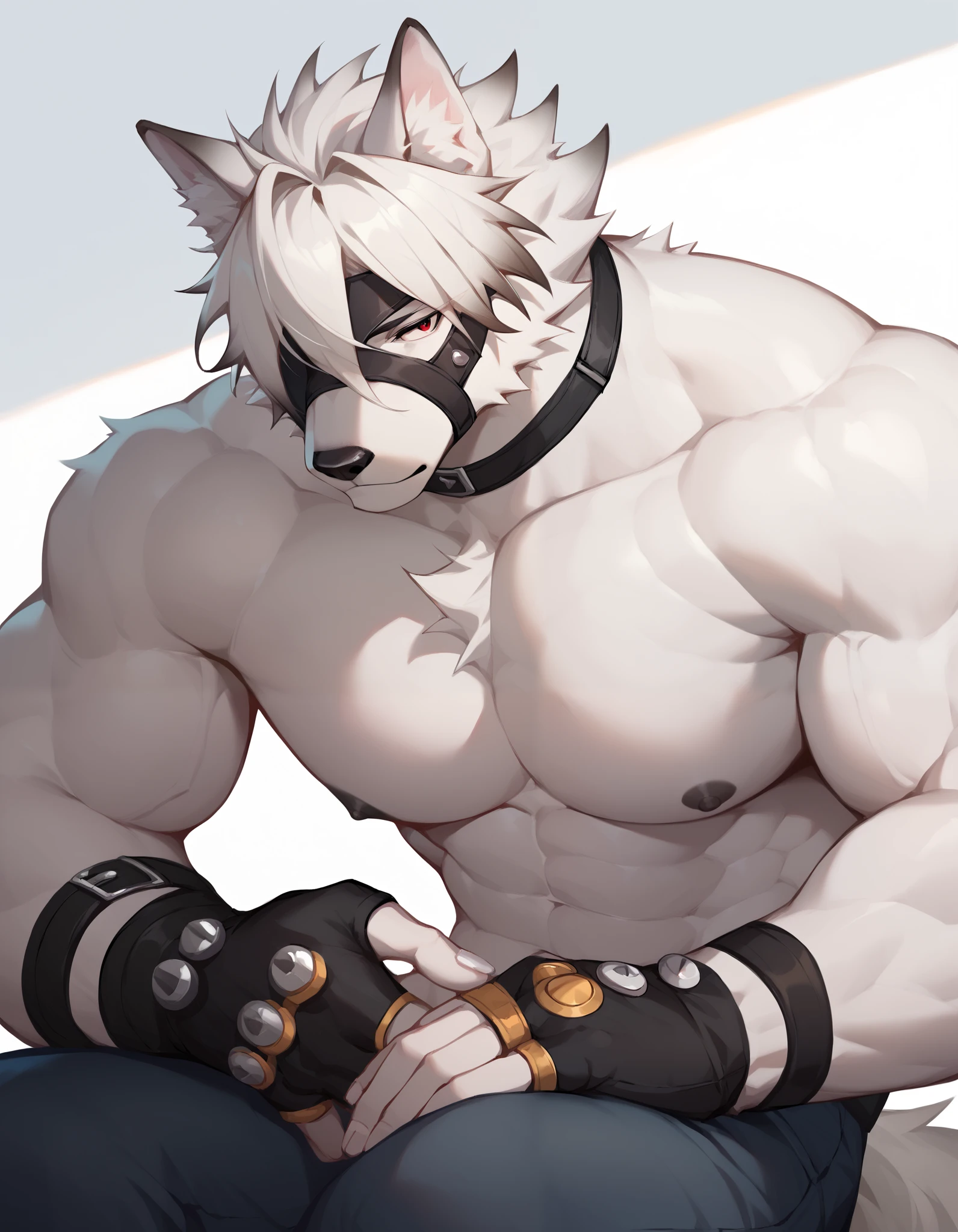 Score_9, Score_8_up, Score_7_up, alone, is from Wolfdog, Werewolf,white fur, Muscular, red eyes, Button, Eye mask, One eye covered, pants, Wristband, The best band , bust portrait , Fingernails , fingerless gloves ,Thin,Lie down,Supine,Muscular身体, to bare your upper body,black nipples,Hanging hands,摸自己Chest muscles, Tail, Chest Focus,Chest muscles, male focus ,Exposed chest and abdomen,Japanese Anime