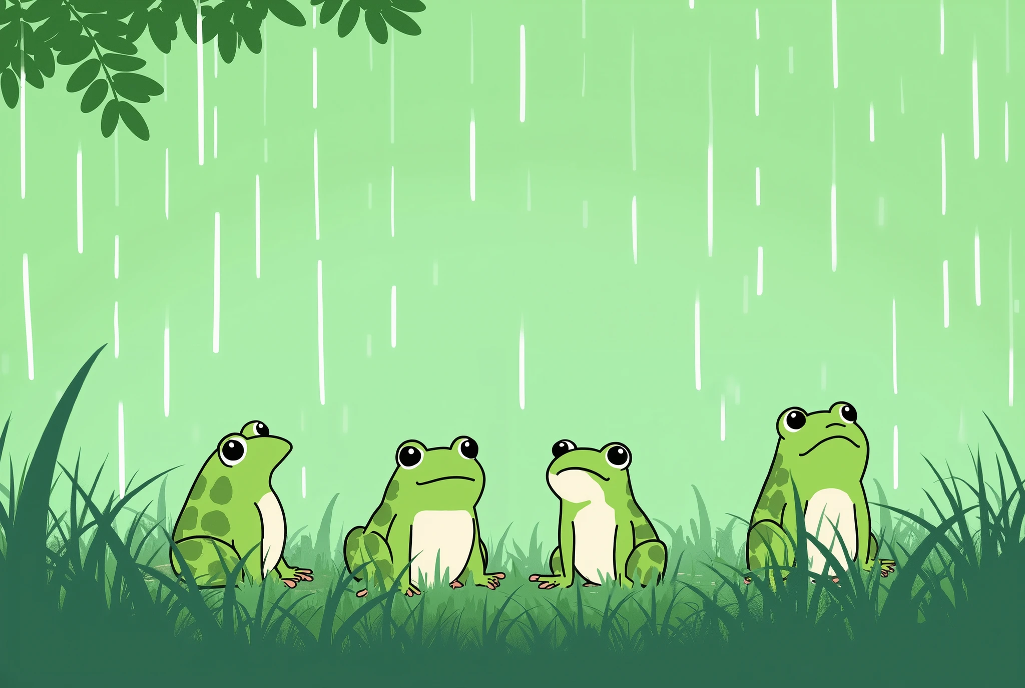 ( masterpiece:1.2, best illustration),8k16k, wallpaper,(What happens when it rains?:2.0),(Countless little frogs are singing under the big leaves:2.0),( minimalist:2.0),( cute:2.0),(Anime Artwork:2.0),( vector art:2.0),(SAN-X style :2.0),(Grass background :1.6),( line art ),(PASTEL COLOR)