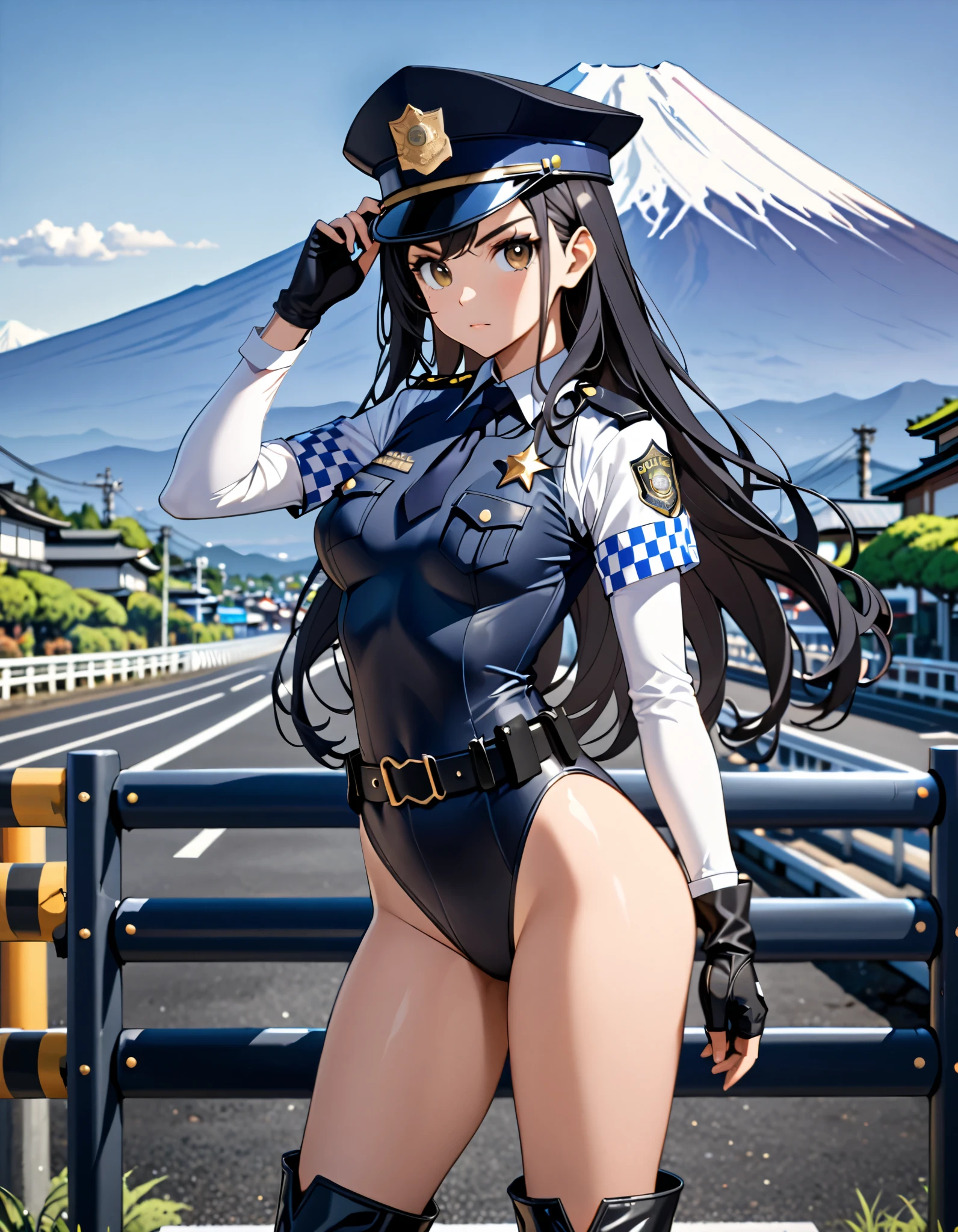 (masterpiece), (best quality), (high res),1girl, tall body, purple hair, long hair, green eyes, beautiful detailed eyes, beautiful detailed face, cute face, perfect hands, complete fingers, perfect ???????, perfect proportions, ((hat, dark blue police hat)), ((leotard, matching leotard, bare legs)), ((boots, matching boots)), breasts, medium breasts, fingerless gloves, (full body portrait), looking at viewer, solo, solo focus, standing, police uniform, cowboy shot, tokyo street station backdrop, indoors, (belt, tight belt), (armbands, white sleeves), full body costume design.