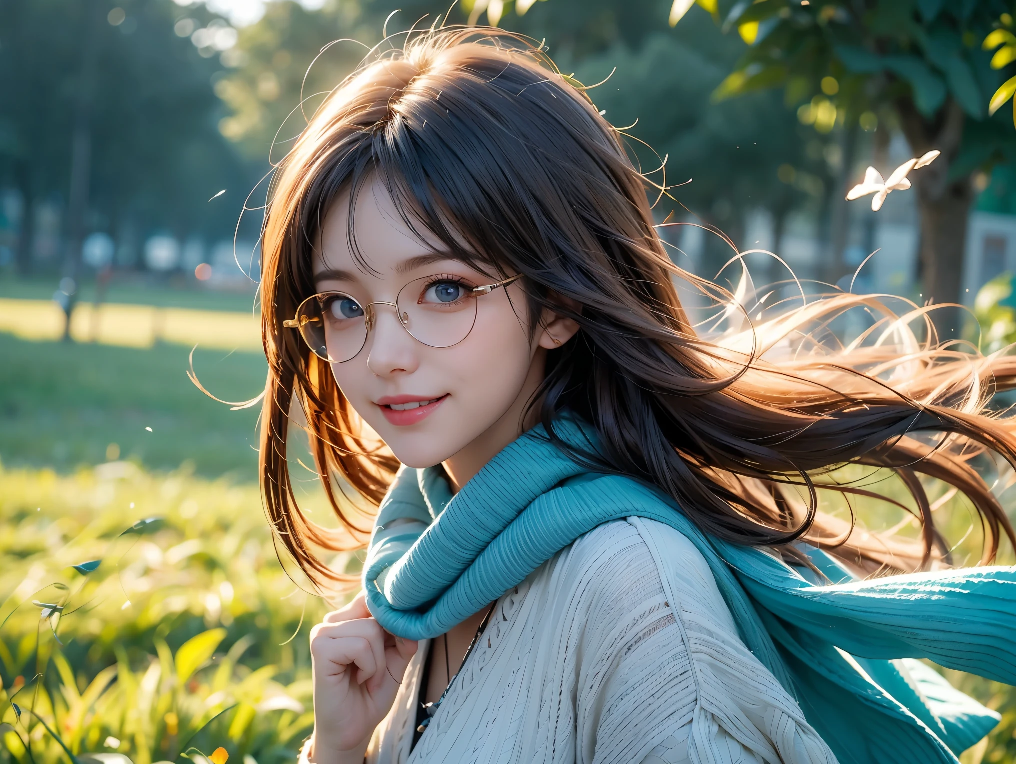 A young anime girl with bright blue eyes and a playful, mischievous smile sits in a grassy field, viewed from a high-angle perspective. She wears oversized round glasses and a loose, cozy knit sweater. A blue scarf is wrapped around her neck, gently fluttering in the breeze. Her light brown hair is tousled by the wind, adding a sense of movement to the scene. The sunlight casts a warm glow on her face, highlighting her cheerful expression. The lush green grass surrounds her, creating a soft and natural background. The art style is detailed and vibrant, inspired by high-quality anime illustrations."