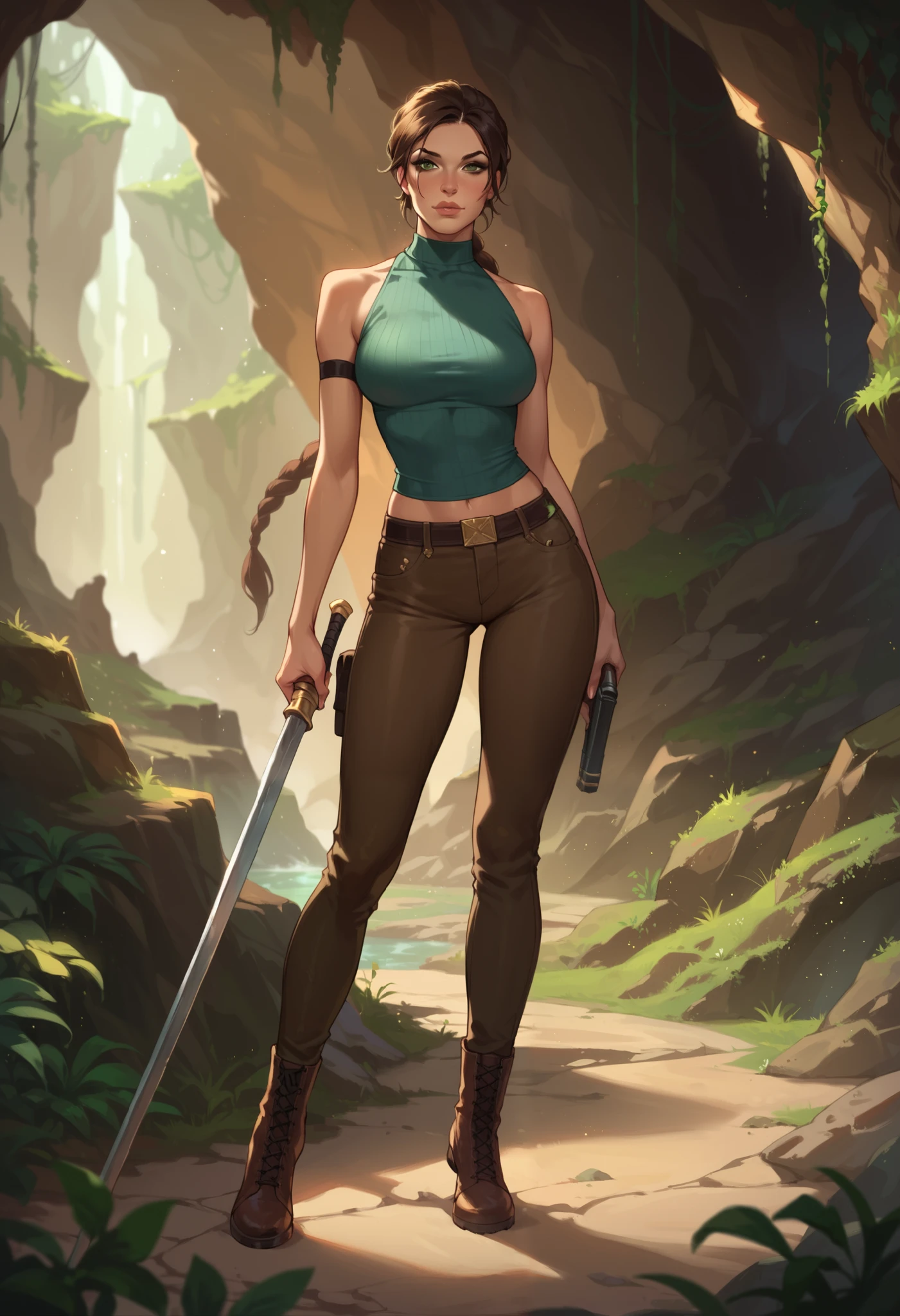 masterpiece, textured skin, super detail full length sexy beauty Lara Croft, slim, tall, brown long hair, chin, short leather green top, short brown leather pants, at the entrance of a primeval cave,