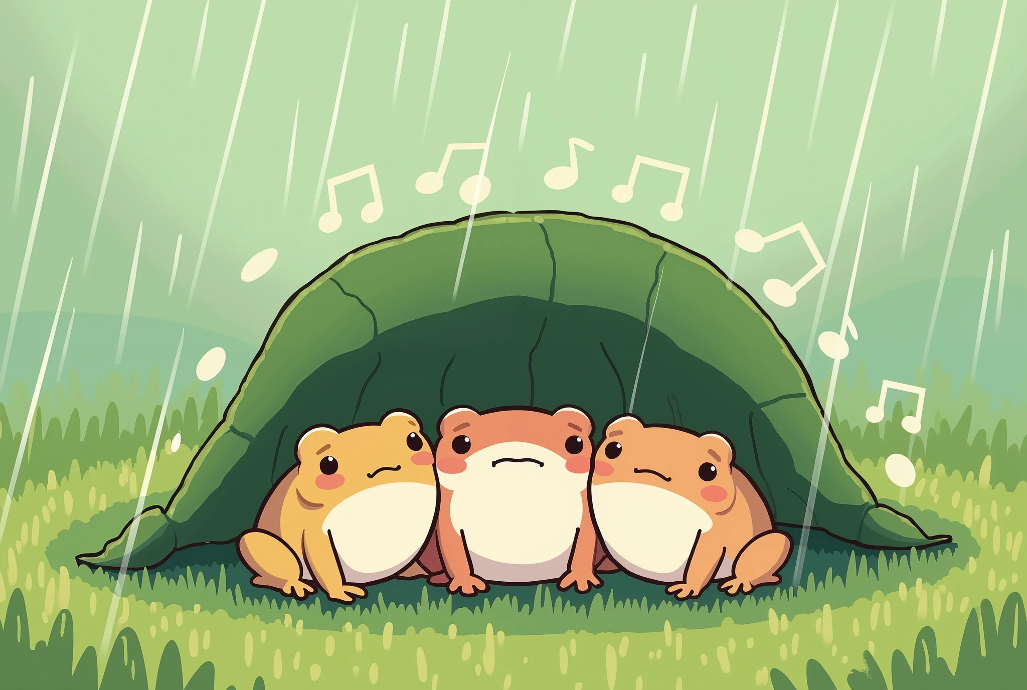 ( masterpiece:1.2, best illustration),8k16k, wallpaper,(What happens when it rains?:2.0),(Multiple small frogs are singing side by side while taking shelter from the rain under a large leaf:2.0),(Draw musical notes to express the atmosphere of singing:2.0),(snails:2.0),( minimalist:2.0),( cute:2.0),(Anime Artwork:2.0),( vector art:2.0),(SAN-X style :2.0),(Grass background :1.6),( line art ),(PASTEL COLOR)