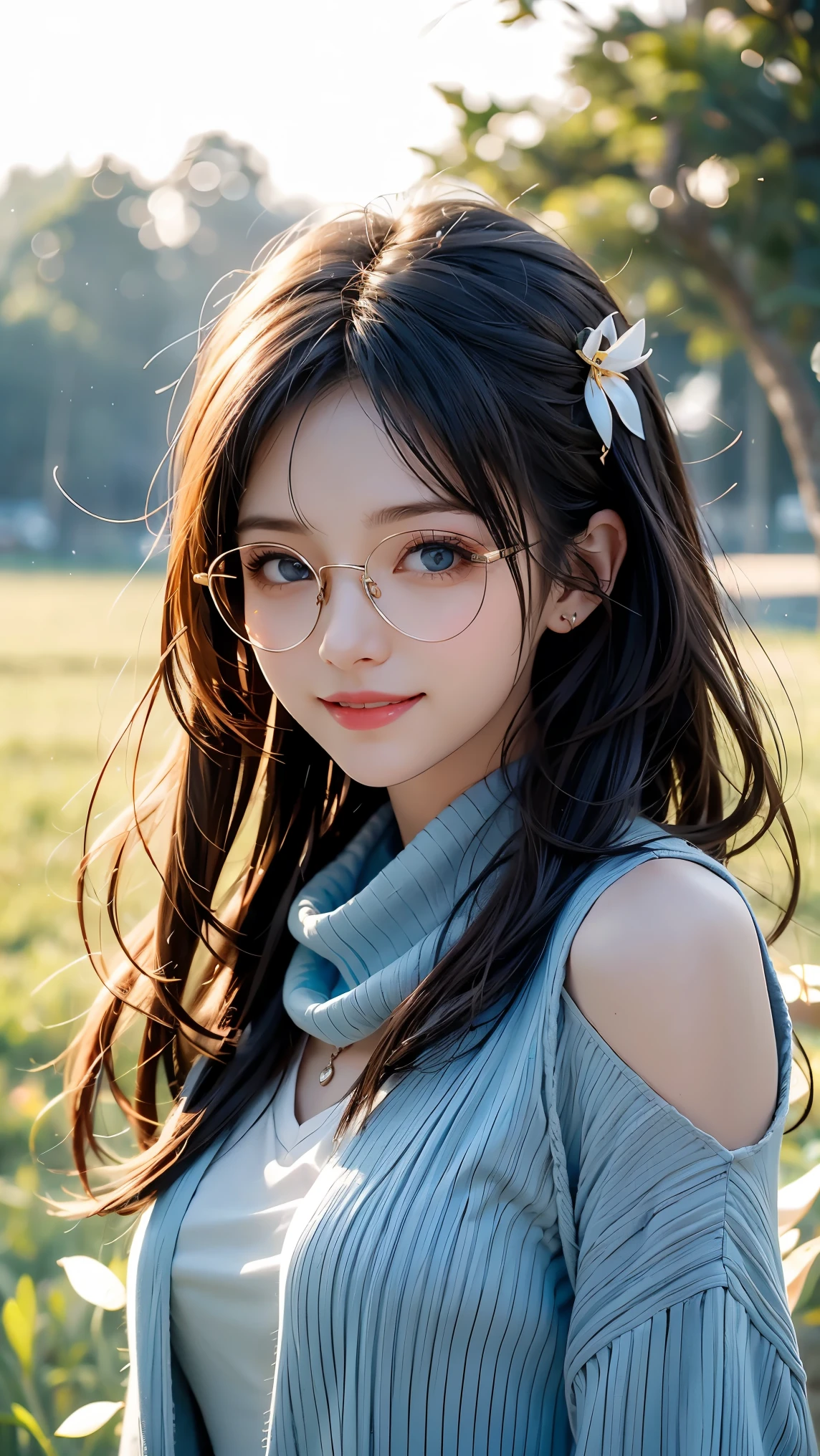 A young anime girl with bright blue eyes and a playful, mischievous smile sits in a grassy field, viewed from a high-angle perspective. She wears oversized round glasses and a loose, cozy knit sweater. A blue scarf is wrapped around her neck, gently fluttering in the breeze. Her light brown hair is tousled by the wind, adding a sense of movement to the scene. The sunlight casts a warm glow on her face, highlighting her cheerful expression. The lush green grass surrounds her, creating a soft and natural background. The art style is detailed and vibrant, inspired by high-quality anime illustrations."