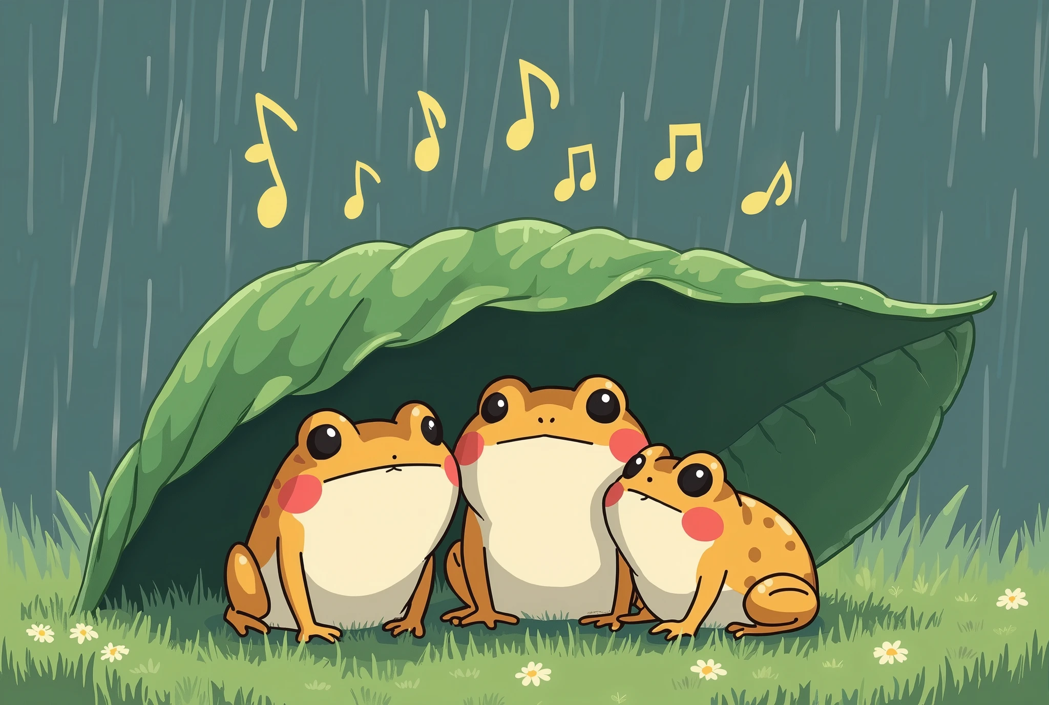 ( masterpiece:1.2, best illustration),8k16k, wallpaper,(What happens when it rains?:2.0),(Multiple small frogs are singing side by side while taking shelter from the rain under a large leaf:2.0),(Draw musical notes to express the atmosphere of singing:2.0),(snails:2.0),( minimalist:2.0),( cute:2.0),(Anime Artwork:2.0),( vector art:2.0),(SAN-X style :2.0),(Grass background :1.6),( line art ),(PASTEL COLOR)
