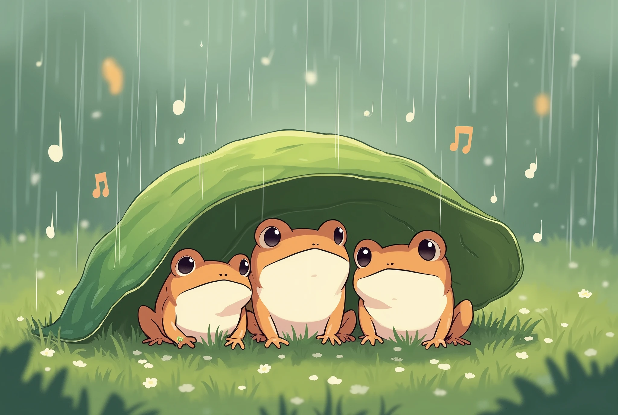 ( masterpiece:1.2, best illustration),8k16k, wallpaper,(What happens when it rains?:2.0),(Multiple small frogs are singing side by side while taking shelter from the rain under a large leaf:2.0),(Draw musical notes to express the atmosphere of singing:2.0),(snails:2.0),( minimalist:2.0),( cute:2.0),(Anime Artwork:2.0),( vector art:2.0),(SAN-X style :2.0),(Grass background :1.6),( line art ),(PASTEL COLOR)