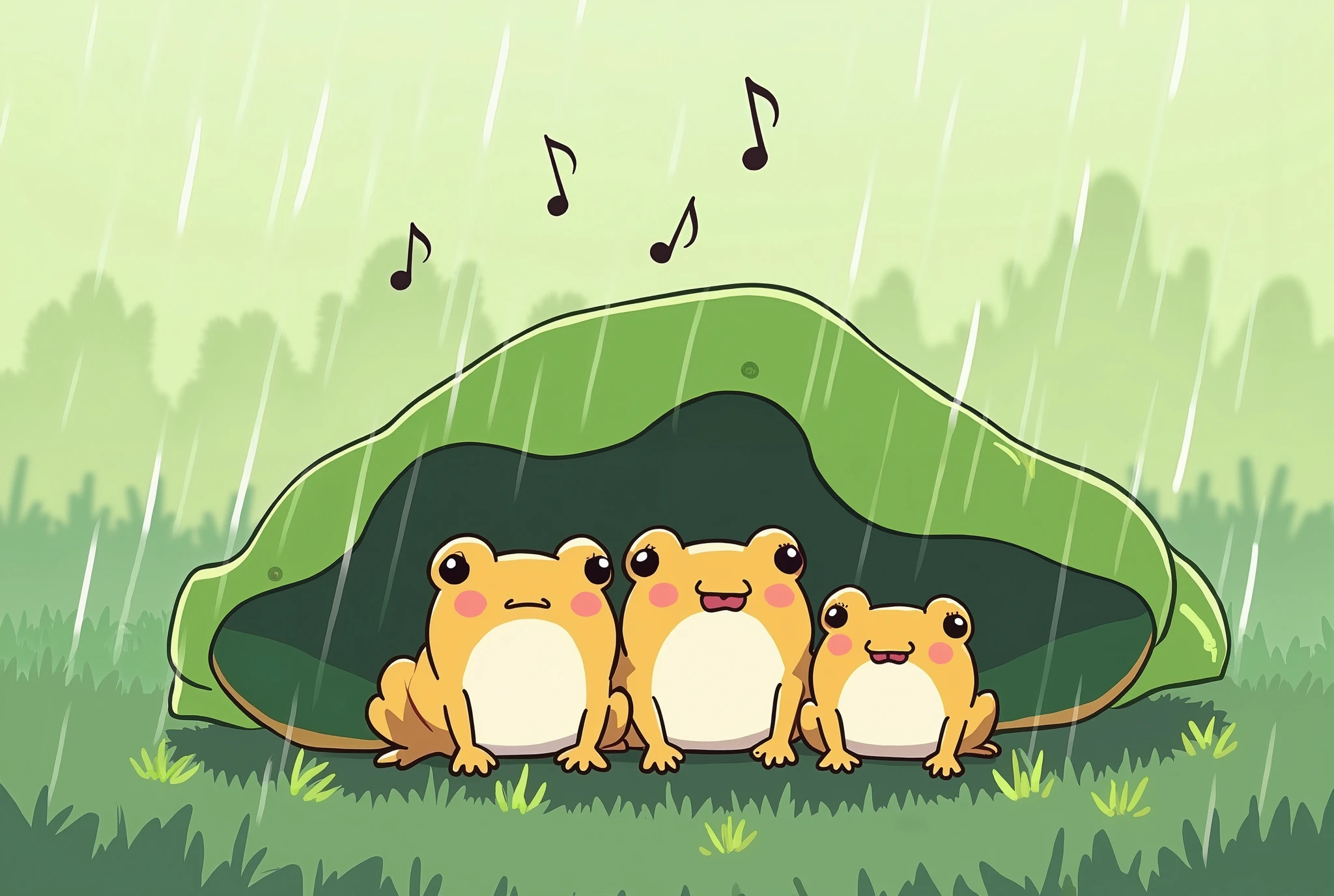 ( masterpiece:1.2, best illustration),8k16k, wallpaper,(What happens when it rains?:2.0),(Multiple small frogs are singing side by side while taking shelter from the rain under a large leaf:2.0),(Draw musical notes to express the atmosphere of singing:2.0),(snails:2.0),( minimalist:2.0),( cute:2.0),(Anime Artwork:2.0),( vector art:2.0),(SAN-X style :2.0),(Grass background :1.6),( line art ),(PASTEL COLOR)