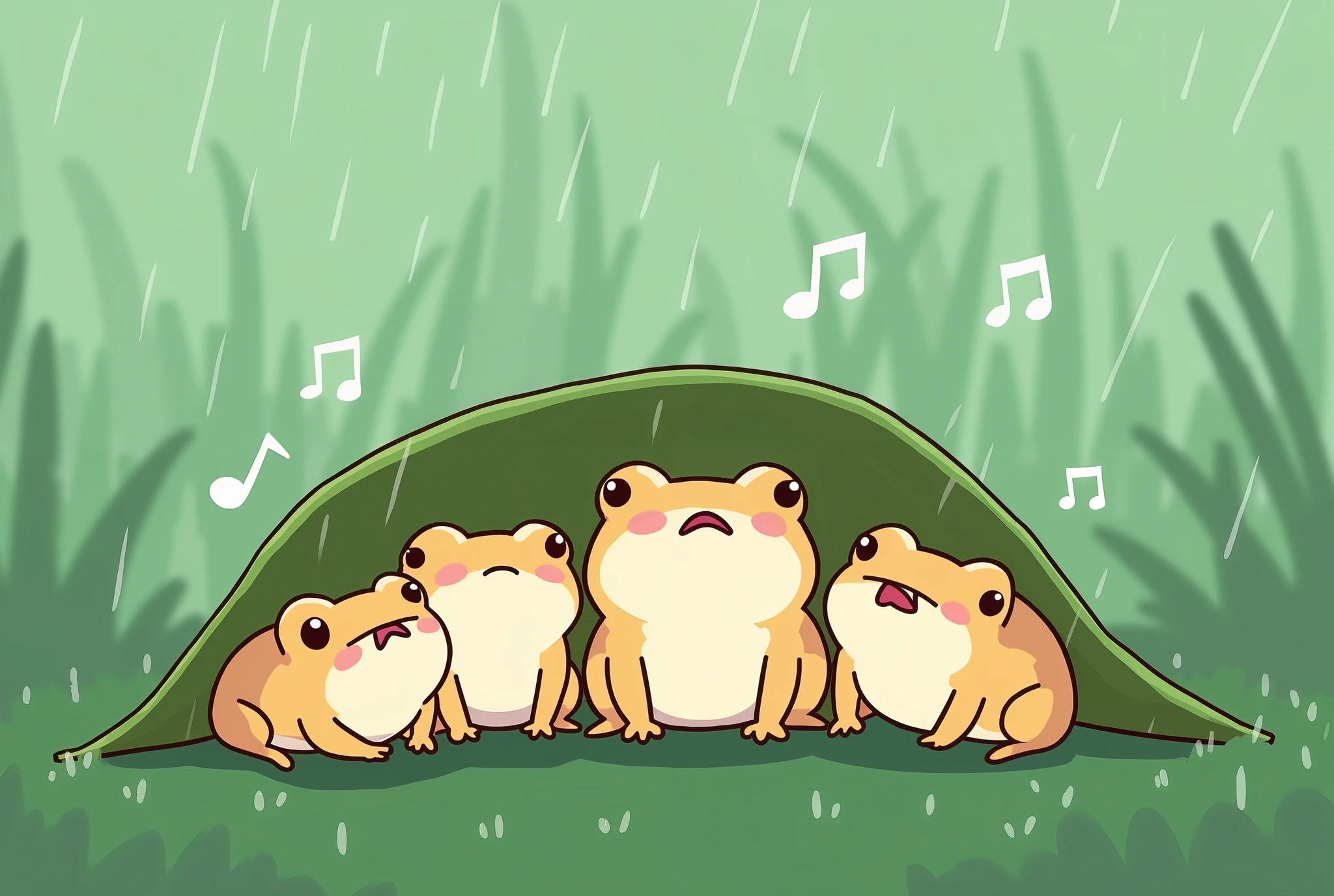 ( masterpiece:1.2, best illustration),8k16k, wallpaper,(What happens when it rains?:2.0),(Multiple small frogs are singing side by side while taking shelter from the rain under a large leaf:2.0),(Draw musical notes to express the atmosphere of singing:2.0),(snails:2.0),( minimalist:2.0),( cute:2.0),(Anime Artwork:2.0),( vector art:2.0),(SAN-X style :2.0),(Grass background :1.6),( line art ),(PASTEL COLOR)