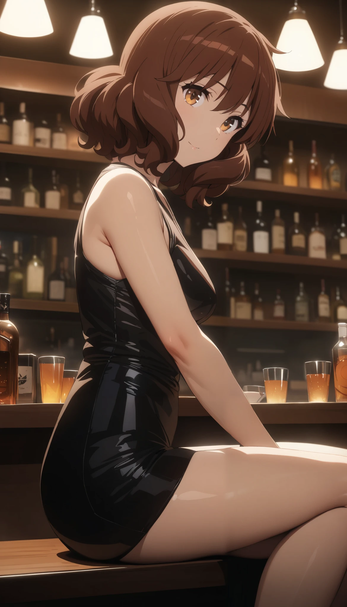 masterpiece, best quality, ultra detailed, highres,4k, 1girl, solo, oumaekumiko, brown hair, brown eyes, short hair, sitting, in a bar, minidress