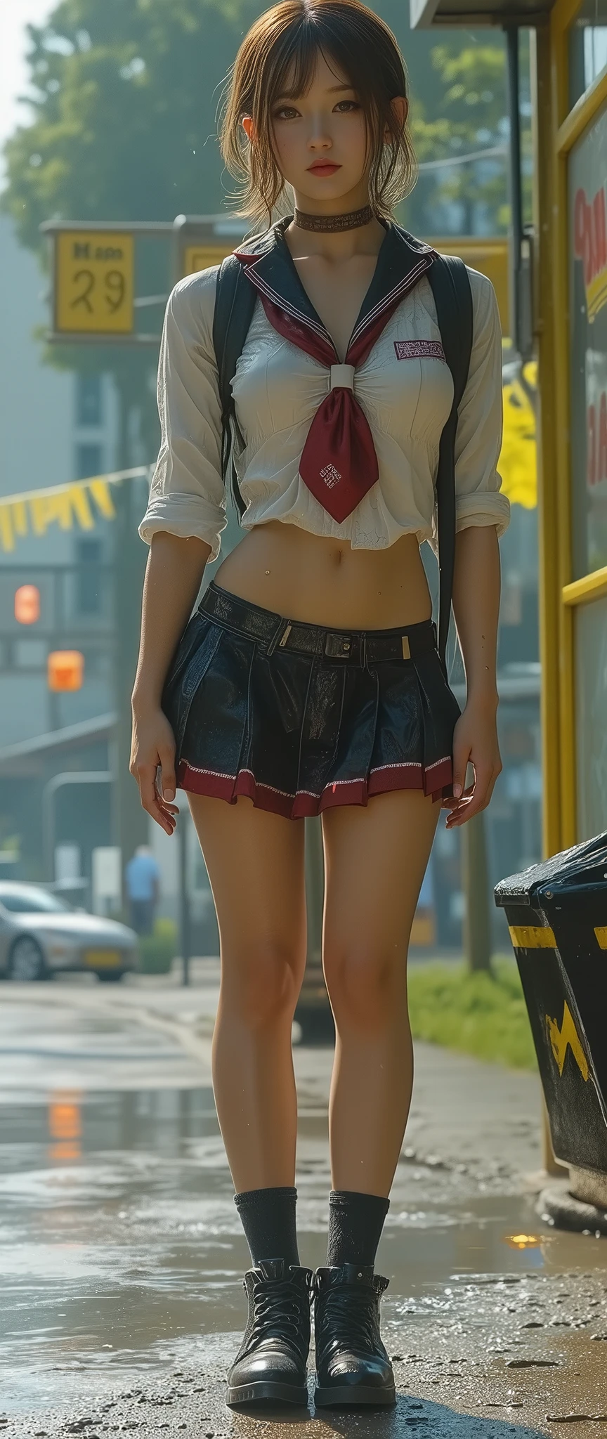 (8k, top quality, Masterpiece , NSFW: 1.2),, 8k, Very detailed, Accurate, Highest quality, masterpiece, Very detailed,Sharp focus, High resolution, fullbody shot, (fullbody:1.5), (:1.7), , , 1 girl, high school girl、( high school uniform:1.8)、miniskirt、 backpack、 (( big breasts, deep cleavage)), sexy long legs, full body shot, ((It's raining:1.3))、((My uniform gets wet in the rain:1.7))、 Waiting for the Bus at the Bus Stop , ((is reflected in the puddle、the inside of my skirt is reflected in the puddle:1.8)