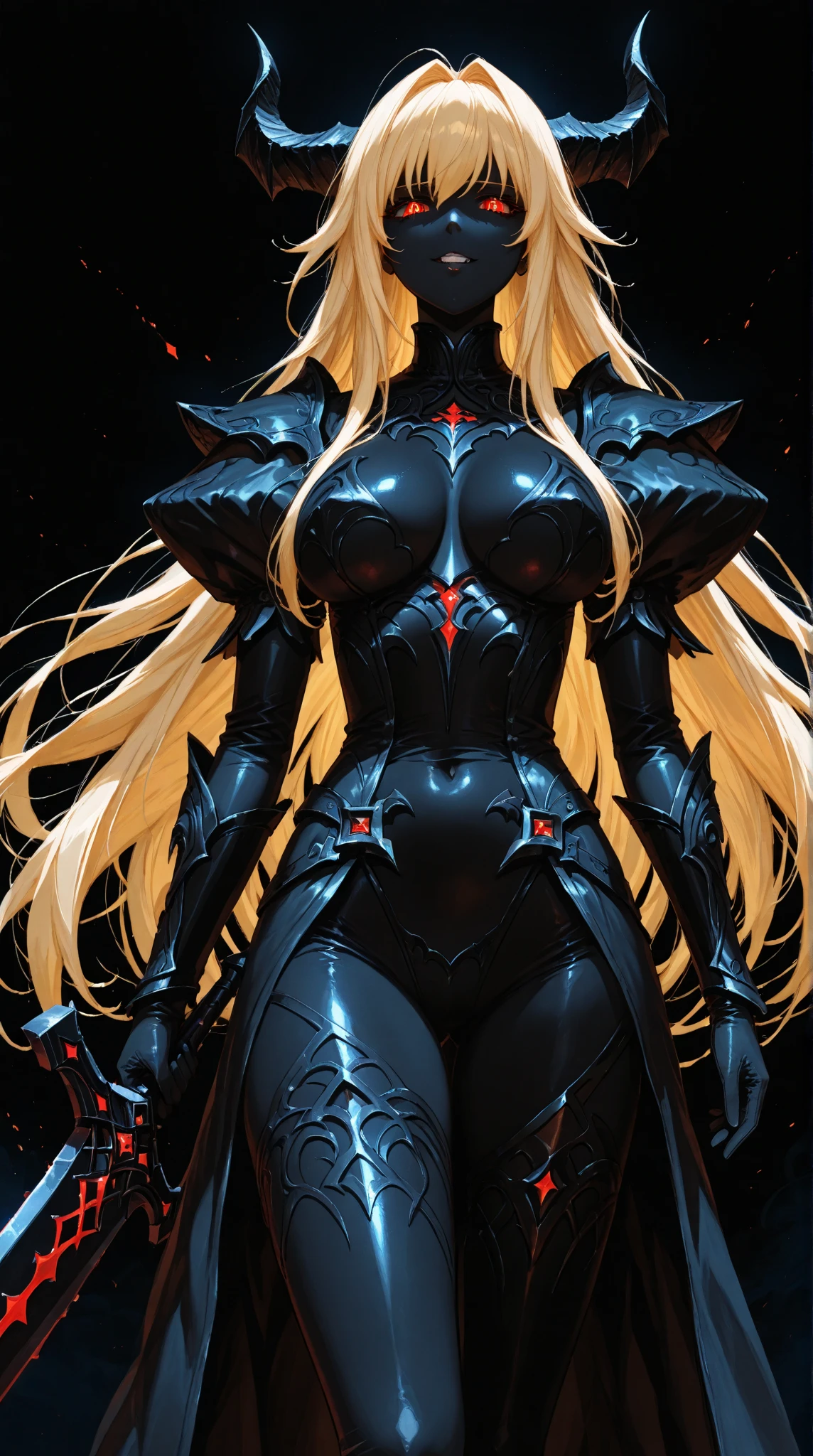 (masterpiece),best quality, ultra-detailed, Perfect Face, looking at viewers, ((Adult Female, Cool Girl, Badass, Swag, noble, Demon, Horns)), ((Blond Shine Hair)), (Long hair), (red shine Bright Eyes), ((Beautiful Girl, Beautiful Face, Beauty face, beauty eyes)), Closed Lips, Glossy lips, Perfect Sexy Body, (Large Breast), ((black demon sexy armor, silver element, black transparent bodysuit, cleavage)), High Details, Detailed face, Detailed Clothes, Indifferent, BREAK ((cowboy shot)), ((Front view)), (Fantasy Background), bokeh, depth of field, HDR, Ray tracing, RTX, high saturation, high contrast, photon mapping, best texture quality, best compotitions, (extremely detailed CG)