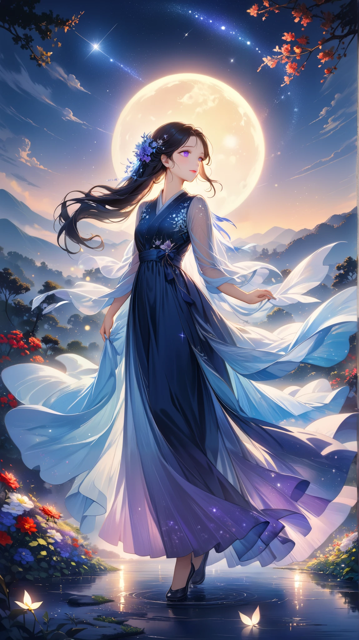 A girl standing alone under the starry night sky, with her silhouette illuminated by the soft moonlight and twinkling stars. Her face is beautifully detailed, with mesmerizing eyes that seem to reflect the universe itself, long and fluttering eyelashes, and exquisitely defined lips. She has very long dark navy hair that shimmers like the starry sky and is dressed in an elegant gown, flowing and ethereal, embracing hegure gracefully as it glimmers with a subtle celestial glow. The intricate details of her dress catch the faint starlight, creating a mesmerizing sparkle. The surrounding landscape showcases a serene garden, lush with vibrant foliage and colorful flowers. The air is filled with a gentle breeze, causing the leaves to rustle and the flowers to sway delicately. The garden is bathed in a warm, dreamy color palette, with hues of deep blues, purples, and hints of silver. The atmosphere is calm and tranquil, evoking a sense of peace and serenity. The artwork is of the highest quality, meticulously created with ultra-detailed brushstrokes and precise attention to every element. The texture and depth of the painting are breathtaking, with a sense of realism and photorealism that captures the awe-inspiring beauty of the night sky. The lighting is soft and diffused, casting a gentle glow over the entire scene, enhancing the magical ambiance. The girl's presence radiates a sense of mystery and wonder, as if she holds a secret connected to the celestial beings above. The overall composition evokes a feeling of timelessness and captures the essence of a StarSign, an artwork that embodies the celestial beauty and inner strength of a girl in harmony with the stars.