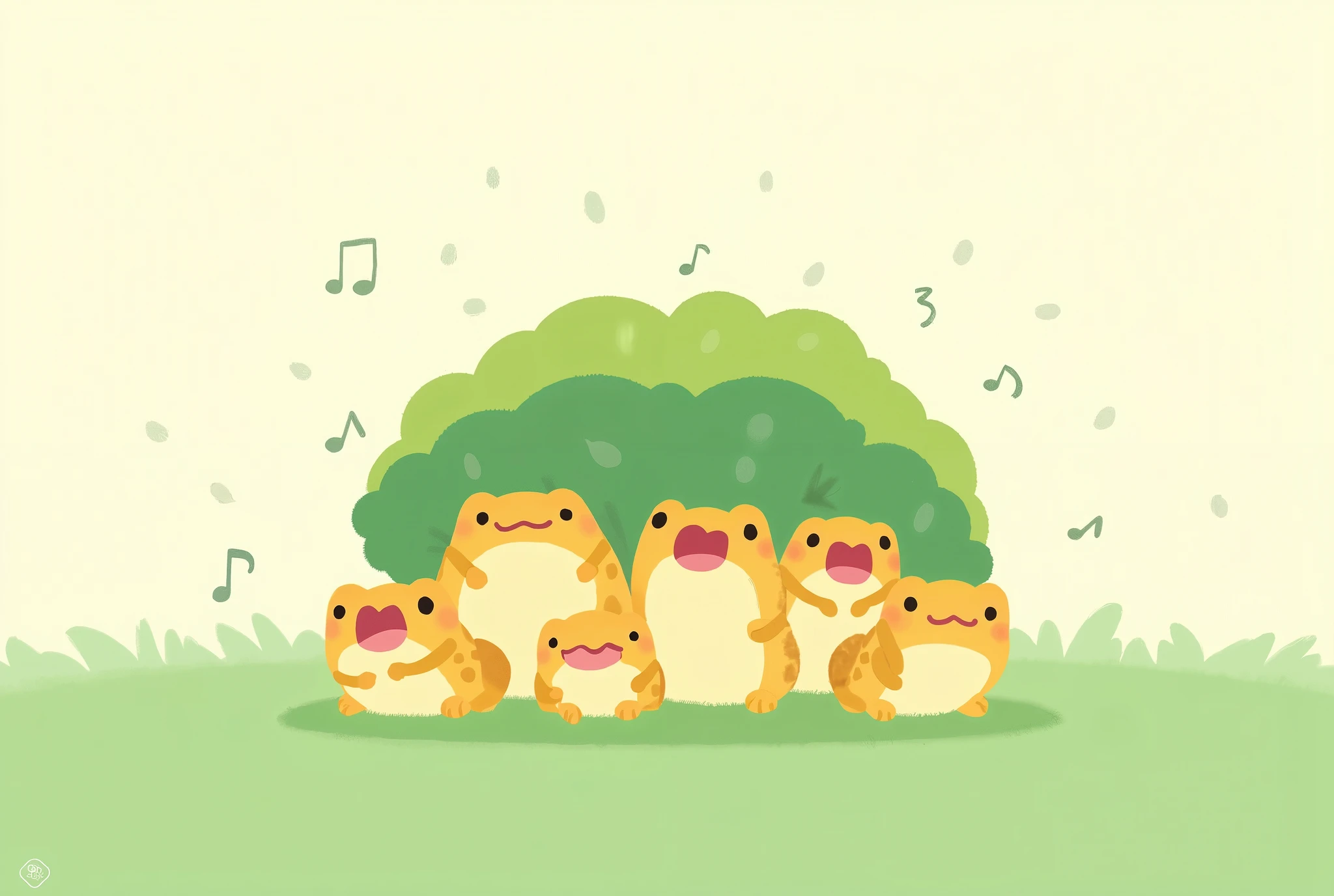 ( masterpiece:1.2, best illustration),8k16k, wallpaper,(What happens when it rains?:2.0),(Multiple small frogs are singing side by side while taking shelter from the rain under a large leaf:2.0),(Draw musical notes to express the atmosphere of singing:2.0),(snails:2.0),( minimalist:2.0),( cute:2.0),(Anime Artwork:2.0),( vector art:2.0),(SAN-X style :2.0),(Grass background :1.6),( line art ),(PASTEL COLOR),(depth of coverage)