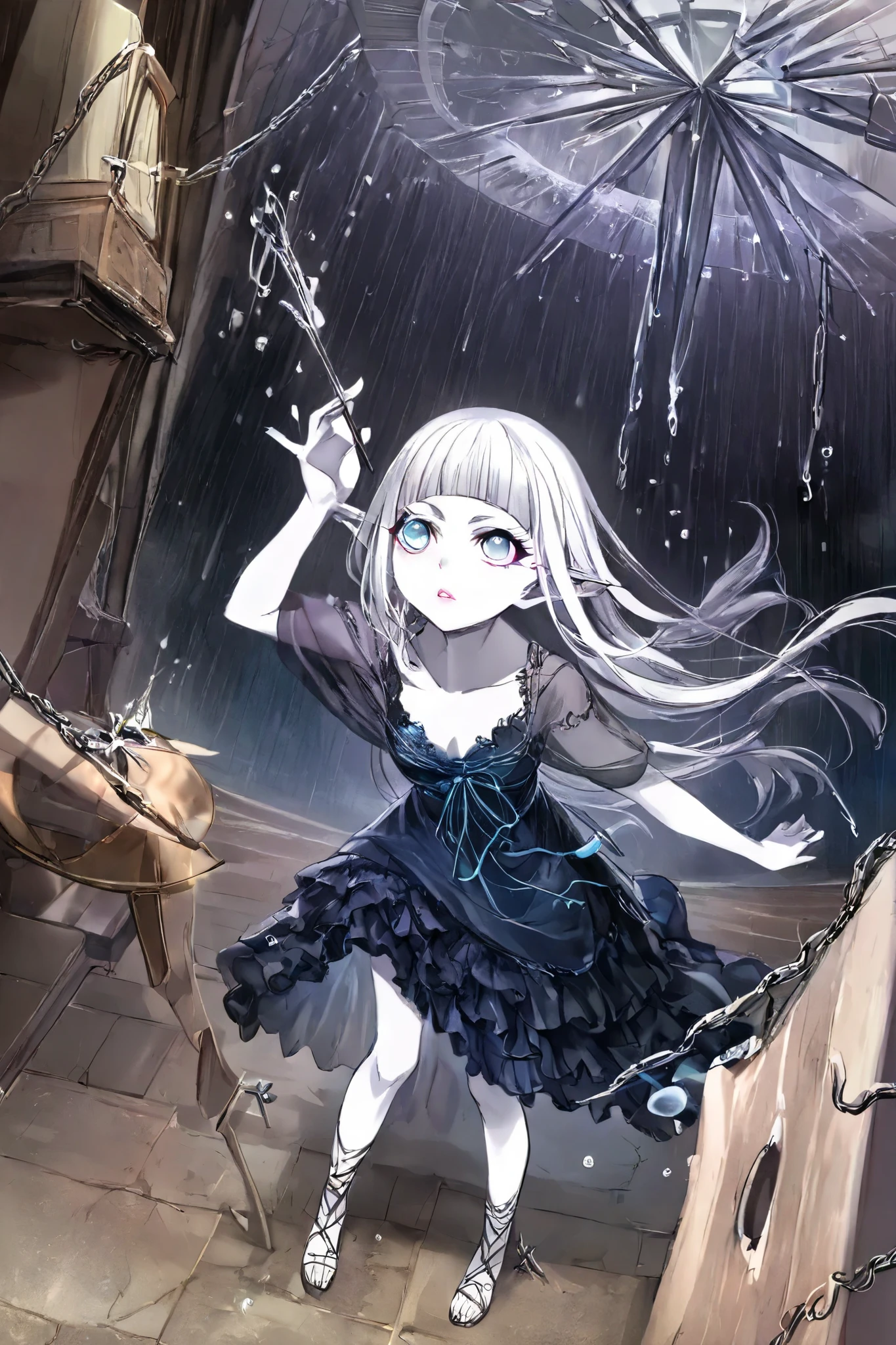 (Ultra-detailed face, Looking away, Gothic Illustration, Dark tone colors. She has five fingers on her hands and five toes on her feet.), BREAK
(Interior. Composition looking up from the floor at a much higher ceiling with a hole in it, an urban area in a Nordic country in the 15th century. The night sky is covered with black rain clouds and heavy drops of rain are falling.), BREAK
(A young female dark elf wizard, a "water servant," boldly poses and gestures in the interior of a huge clock tower, waving her baton like a musical conductor, making the spirits of rain pouring through a hole in the ceiling and the spirits of water cascading down the walls dance a classical waltz. The water spirits dance as they fly and spin around the room.), BREAK
(The rain and water spirits are dressed in traditional ball gowns with transparent skin and draped in transparent blue. Their bodies glow with sparkling, pale particles.), BREAK
(The dark elf woman has white hair, white eyebrows, blunt bangs, shoulder-length hair, small pink lips, sparkling lavender eyes, clear white skin, and thick eyeliner.), (She wears a light blue ribbon tie and a draped dark blue lace-up dress with crimson lace ruffles and embroidered pure white ripple patterns. She wears laced sandals with thin silver chains.)