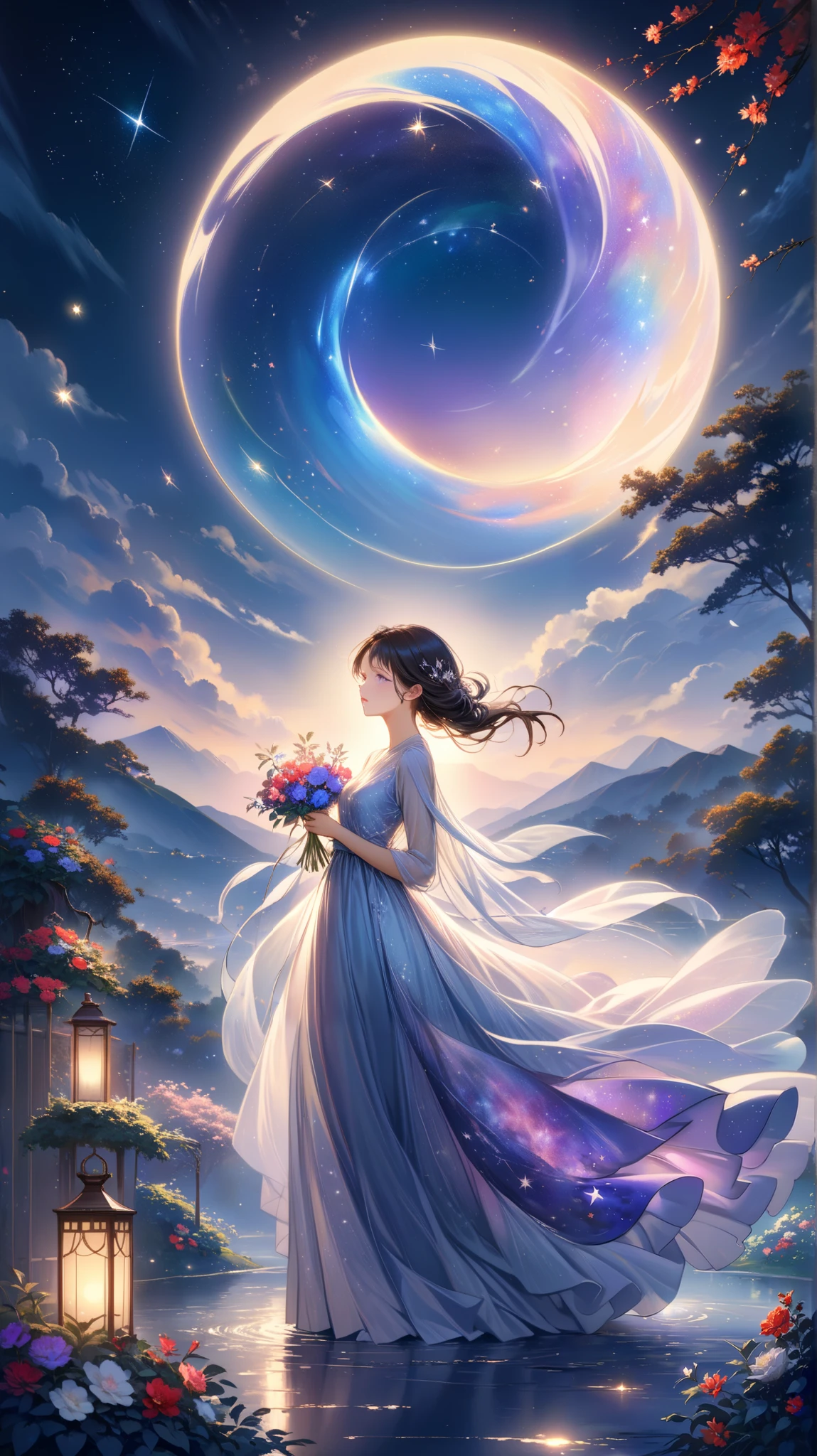 A girl standing alone under the starry night sky, with her silhouette illuminated by the soft moonlight and twinkling stars. Her face is beautifully detailed, with mesmerizing eyes that seem to reflect the universe itself, long and fluttering eyelashes, and exquisitely defined lips. She has very long dark navy hair that shimmers like the starry sky and is dressed in an elegant gown, flowing and ethereal, embracing hegure gracefully as it glimmers with a subtle celestial glow. The intricate details of her dress catch the faint starlight, creating a mesmerizing sparkle. The surrounding landscape showcases a serene garden, lush with vibrant foliage and colorful flowers. The air is filled with a gentle breeze, causing the leaves to rustle and the flowers to sway delicately. The garden is bathed in a warm, dreamy color palette, with hues of deep blues, purples, and hints of silver. The atmosphere is calm and tranquil, evoking a sense of peace and serenity. The artwork is of the highest quality, meticulously created with ultra-detailed brushstrokes and precise attention to every element. The texture and depth of the painting are breathtaking, with a sense of realism and photorealism that captures the awe-inspiring beauty of the night sky. The lighting is soft and diffused, casting a gentle glow over the entire scene, enhancing the magical ambiance. The girl's presence radiates a sense of mystery and wonder, as if she holds a secret connected to the celestial beings above. The overall composition evokes a feeling of timelessness and captures the essence of a StarSign, an artwork that embodies the celestial beauty and inner strength of a girl in harmony with the stars.
