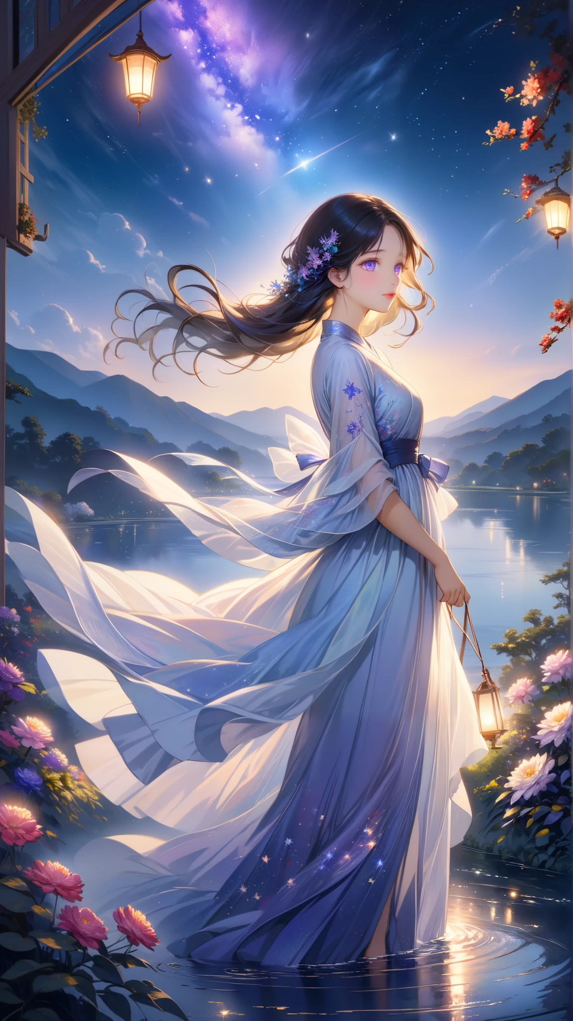 A girl standing alone under the starry night sky, with her silhouette illuminated by the soft moonlight and twinkling stars. Her face is beautifully detailed, with mesmerizing eyes that seem to reflect the universe itself, long and fluttering eyelashes, and exquisitely defined lips. She has very long dark navy hair that shimmers like the starry sky and is dressed in an elegant gown, flowing and ethereal, embracing hegure gracefully as it glimmers with a subtle celestial glow. The intricate details of her dress catch the faint starlight, creating a mesmerizing sparkle. The surrounding landscape showcases a serene garden, lush with vibrant foliage and colorful flowers. The air is filled with a gentle breeze, causing the leaves to rustle and the flowers to sway delicately. The garden is bathed in a warm, dreamy color palette, with hues of deep blues, purples, and hints of silver. The atmosphere is calm and tranquil, evoking a sense of peace and serenity. The artwork is of the highest quality, meticulously created with ultra-detailed brushstrokes and precise attention to every element. The texture and depth of the painting are breathtaking, with a sense of realism and photorealism that captures the awe-inspiring beauty of the night sky. The lighting is soft and diffused, casting a gentle glow over the entire scene, enhancing the magical ambiance. The girl's presence radiates a sense of mystery and wonder, as if she holds a secret connected to the celestial beings above. The overall composition evokes a feeling of timelessness and captures the essence of a StarSign, an artwork that embodies the celestial beauty and inner strength of a girl in harmony with the stars.