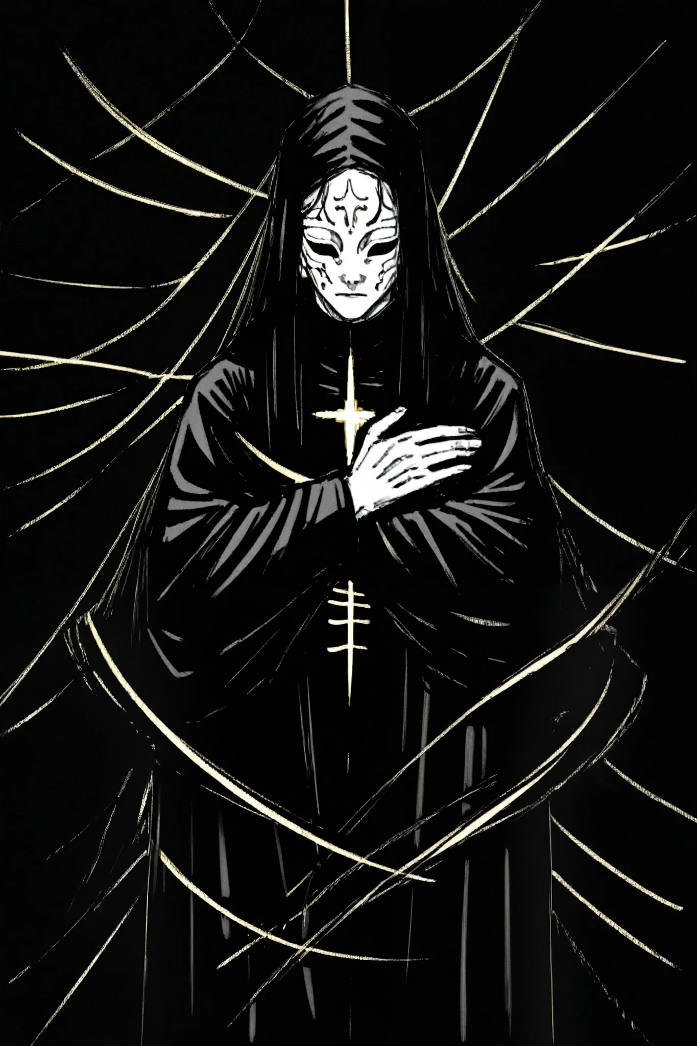 appearance:
A tall, thin stand, with a design that recalls a priest in a black robe. His face is an expressionless white mask, with a crack in the forehead. His arms extend in the form of ribbons of shadow, and his chest has a spiral symbol that moves hypnotically. His body emits a faint glow that alters the perception of those around him.