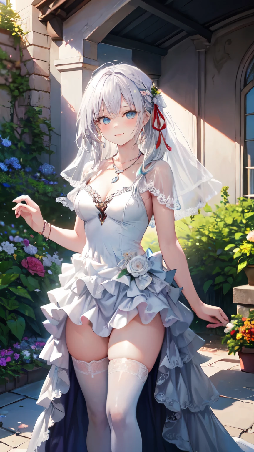 (best quality)),(Ultra-high resolution),(Super detailed),(Detailed description),((Best CG)),(Best works of art),ultra-precision art,Great Art,(Fine fato:1.5), (1 female:1.5),beautiful symmetrical face:1.5,Smile:1.5,White ruffle dress:1.4,Clear:1.5, Garden:1.3,Butterfly々:1.3,Soft sunlight:1.4,breeze:1.5,Charm,Intricately designed wedding dress