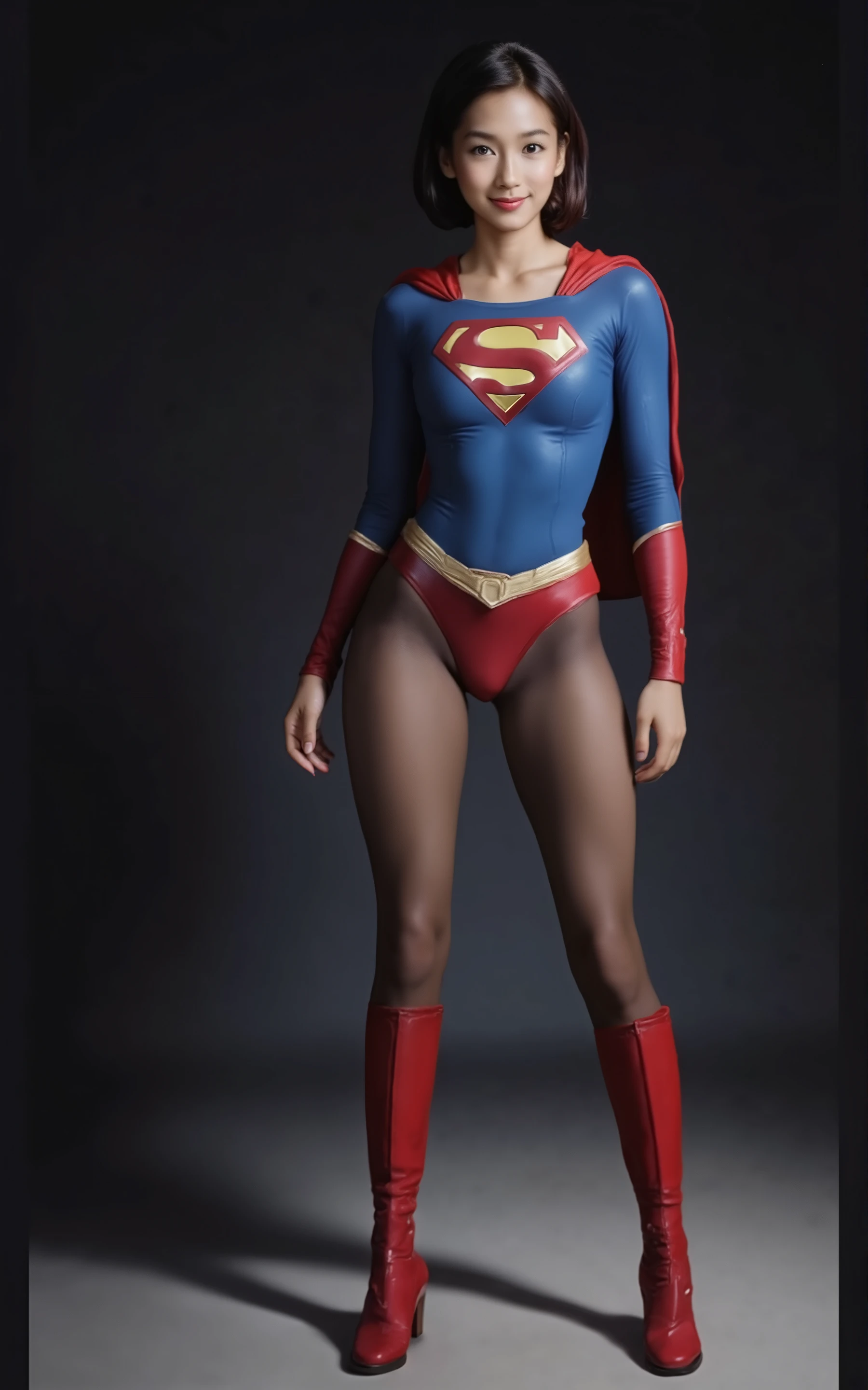 Background、((( BEAUTIFUL LEGS WITH BLACK TIGHTS .)))、((( Legally express the beauty of your smile )))、((((Make the most of )))、((( Supergirl Costume With Her Legs Up )))、(((Beautiful short bob hair)))、(((pain)))、((( wear black tights ....、Wear red boots)))、((Best Picture Quality、8k))、((TOP QUALITY、8k、 masterpiece:1.3))、(((Save Background )))、sharp concentration:1.2、 perfect style:1.4、 slim abs:1.2、 wet body:1.5、 Highly Detailed Face and Skin Textures、8k