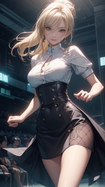 Girls wear skirts,it's a perfect face,seminu,Willow waist,(real, realistically), (depth of fields),striped hair,thick thight,view the viewer , insanely details, Complicated Details, skeleton costume,(Lop), Lower chest skeleton costume,Shiny holographic skeleton costume:1.1 , Big breasts sag,hair blonde,Redlip ,see-through skirt,(((8K,winning art,dynamic poses))),