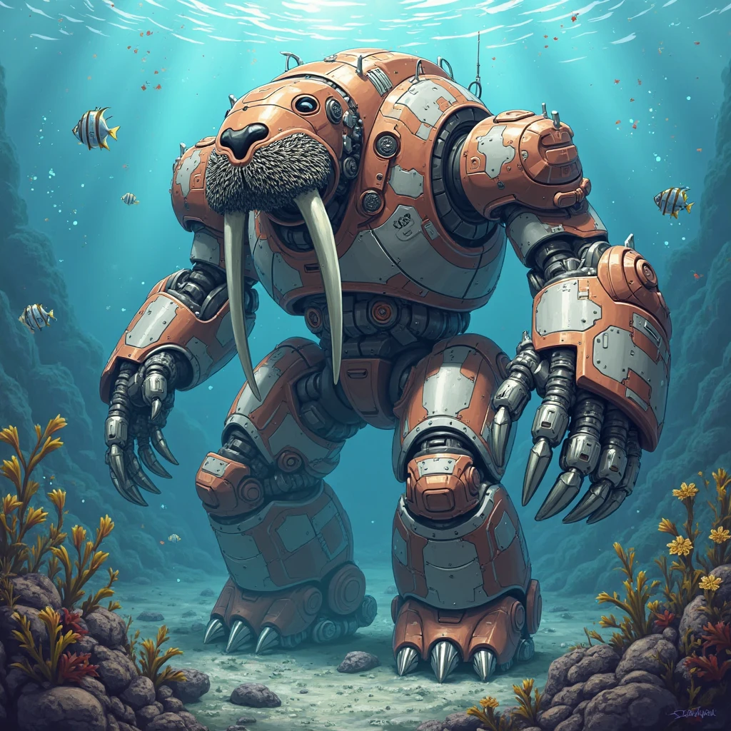  Draw a walrus robot in its animal form,   Megazord robotic style  , mecha, metallic,  brown and white, Bottom of an Atlantic Ocean , Anime style like Yu-Gi-Oh card!.